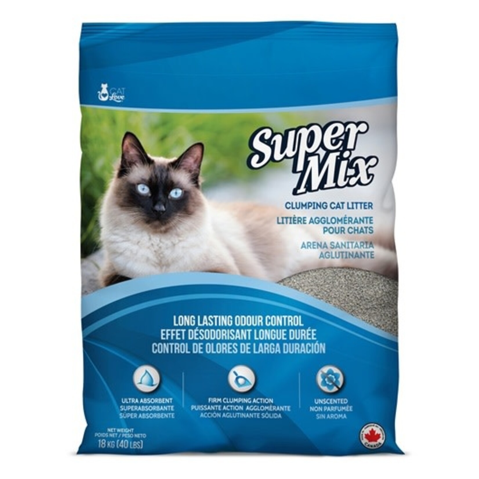 Mix Cat Litière agglomérante Super Mix Cat Love non parfumée, 18 kg (40 lb)
