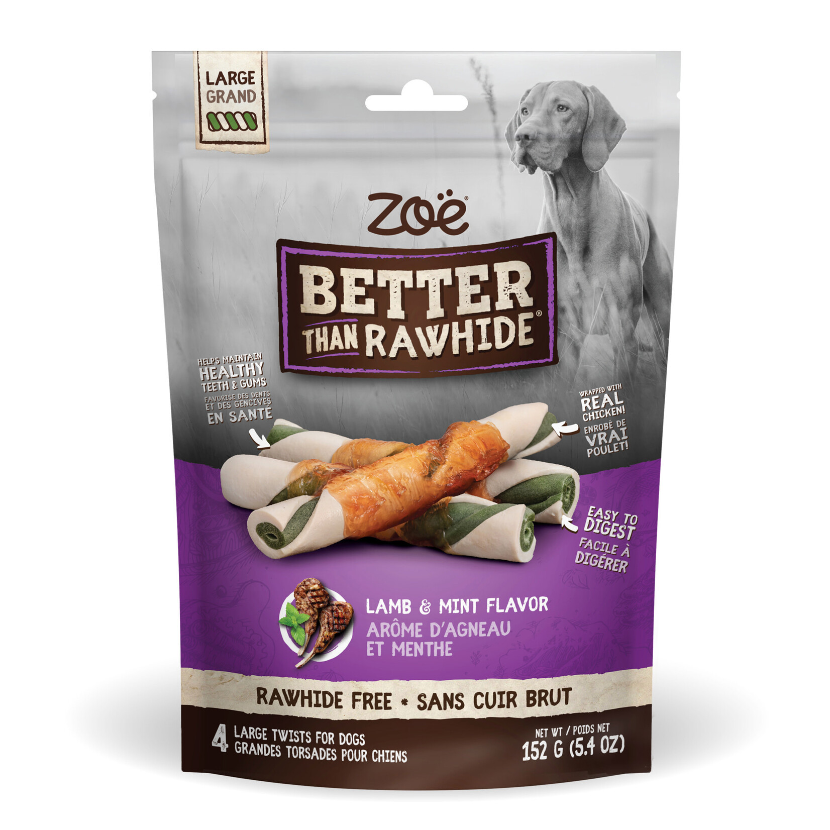 Zoe Torsades Better Than Rawhide Zoë pour chiens, agneau et menthe, 152 g, paquet de 4