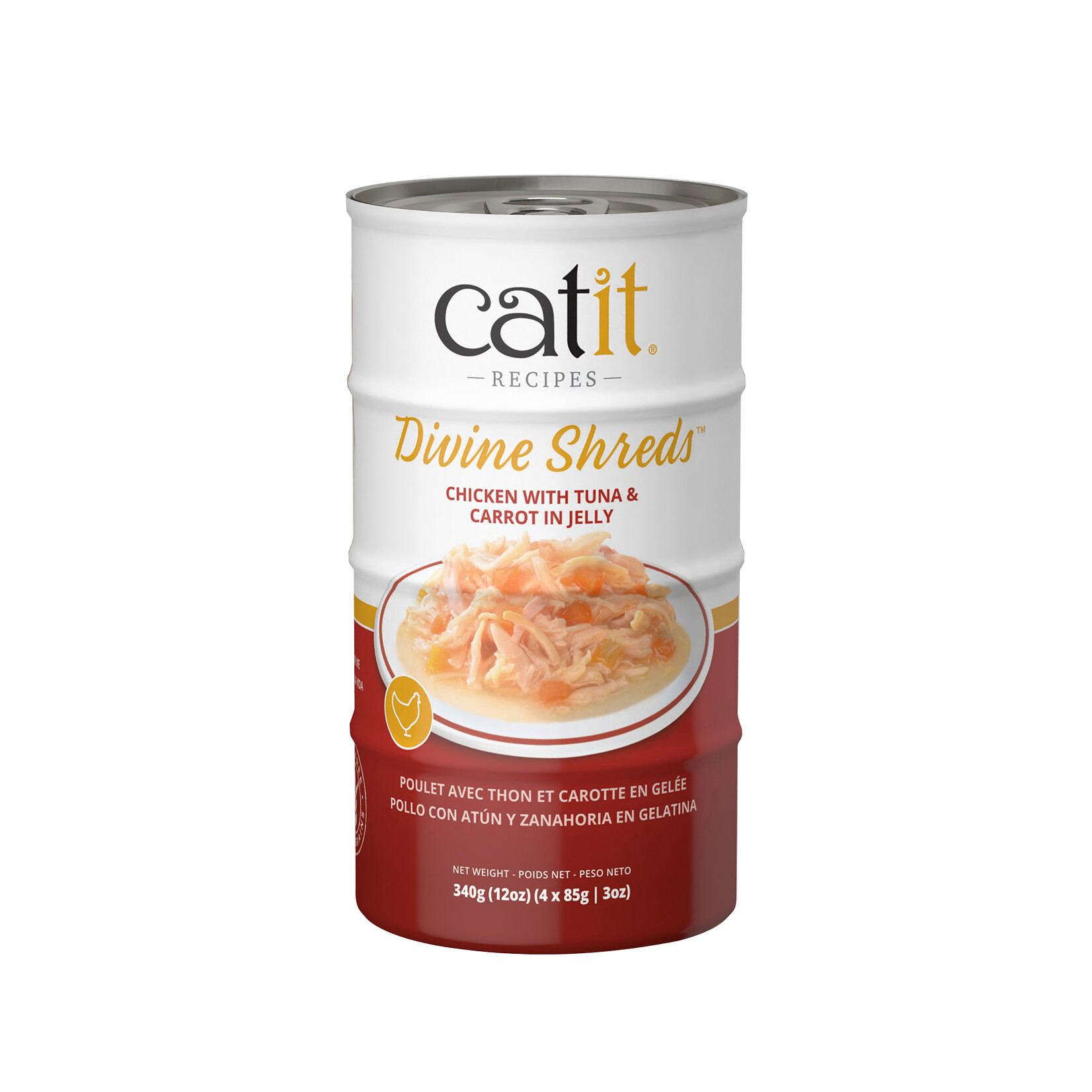 Catit Garnitures Catit Divine Shreds, Poulet avec thon et carotte en gelée, 4 x conserves de 85 g