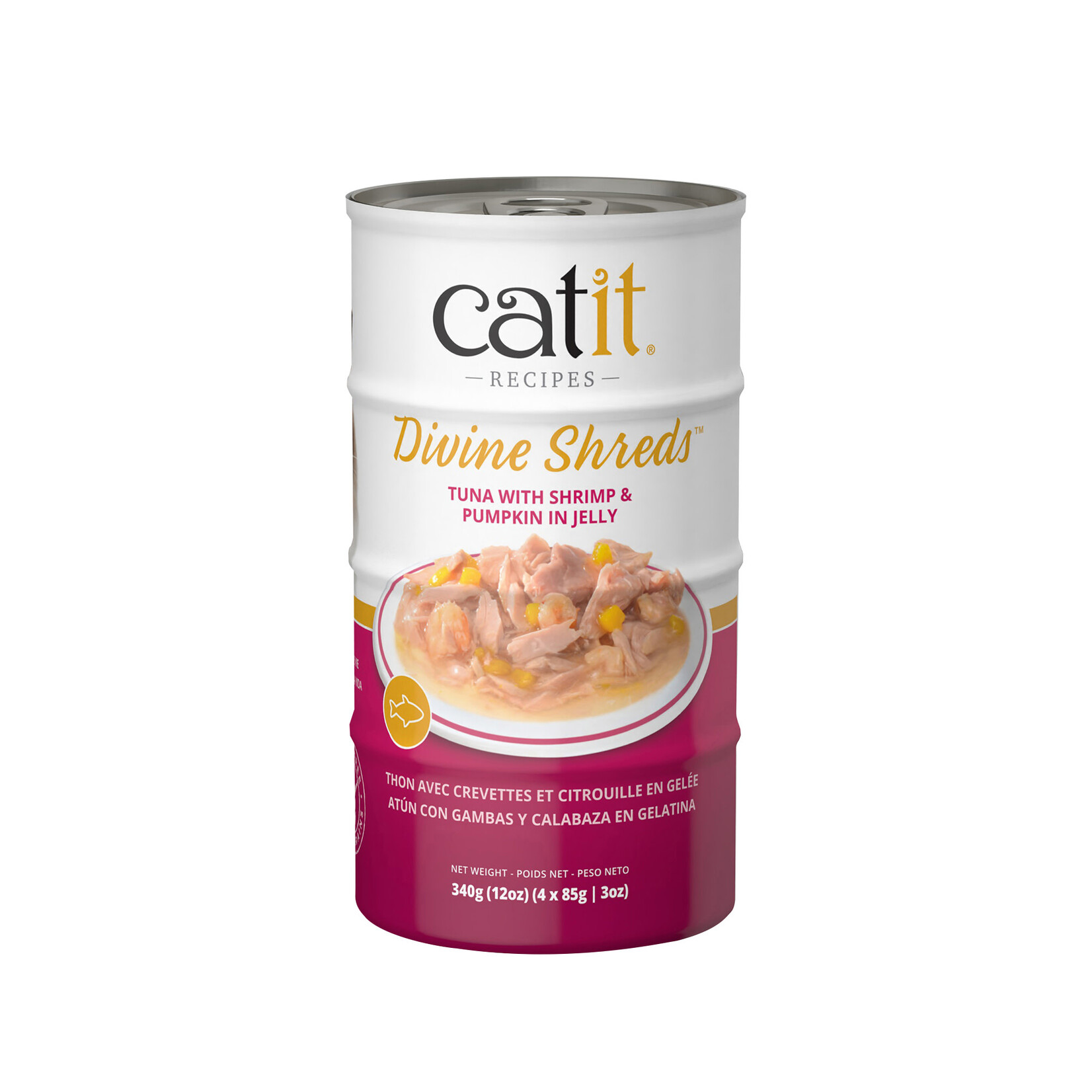 Catit Garnitures Catit Divine Shreds, Thon avec crevettes et citrouille en gelée, 4 x conserves de 85 g