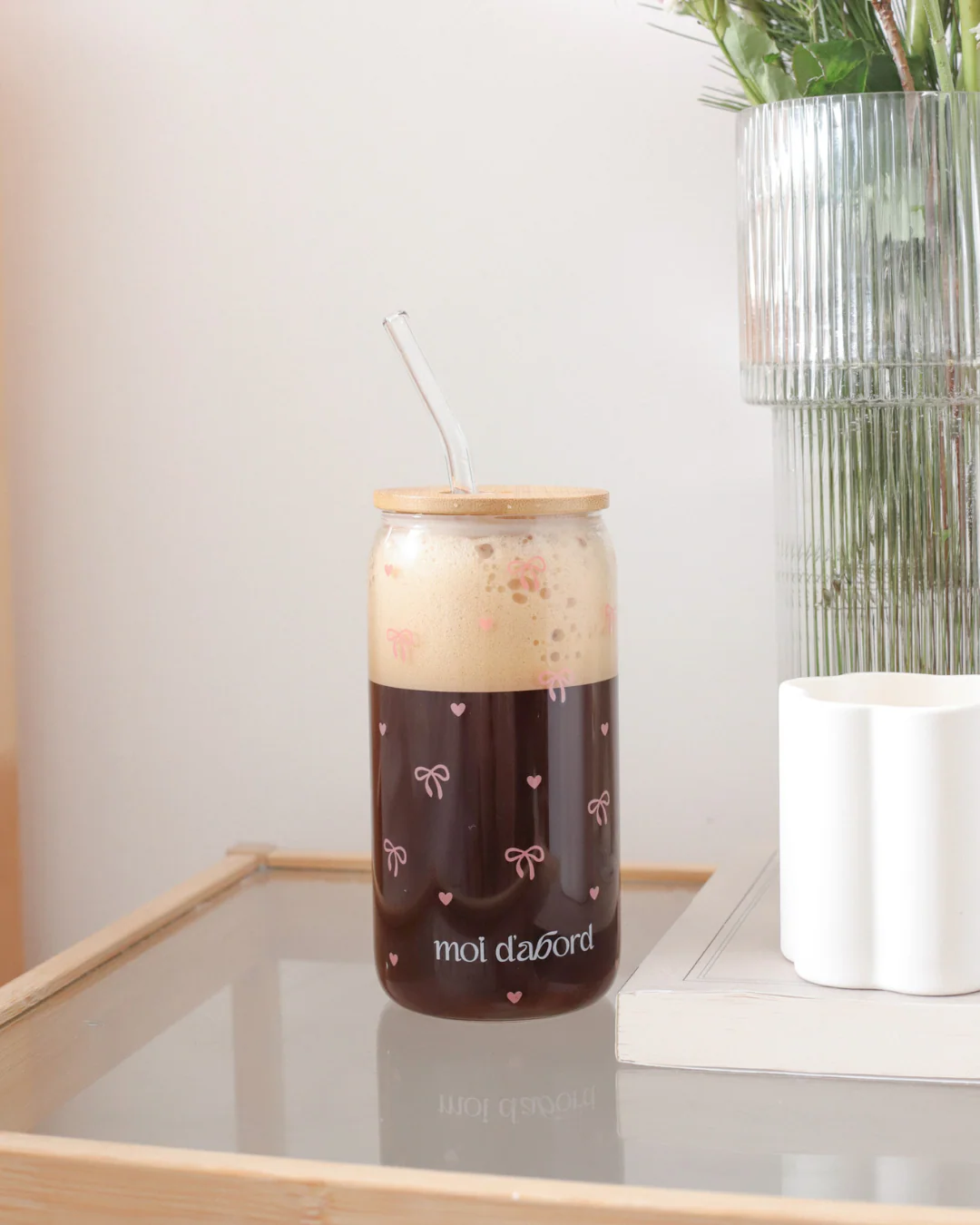 Tumbler Verre 500 Ml Nœud – Gobelet Élégant Avec Couvercle Bambou & Paille, Cadeau Meilleure Amie, Cocktails & Café Glacé