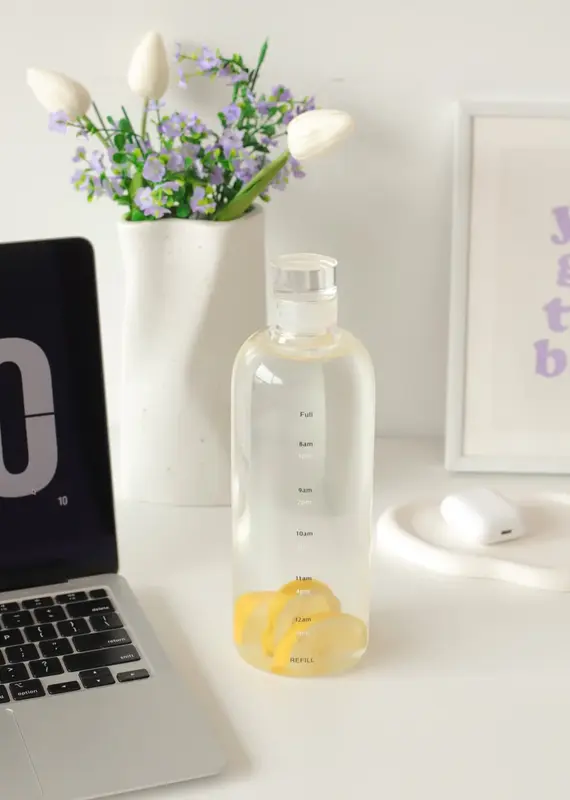 moi d'abord Bouteille d'eau en verre avec heures