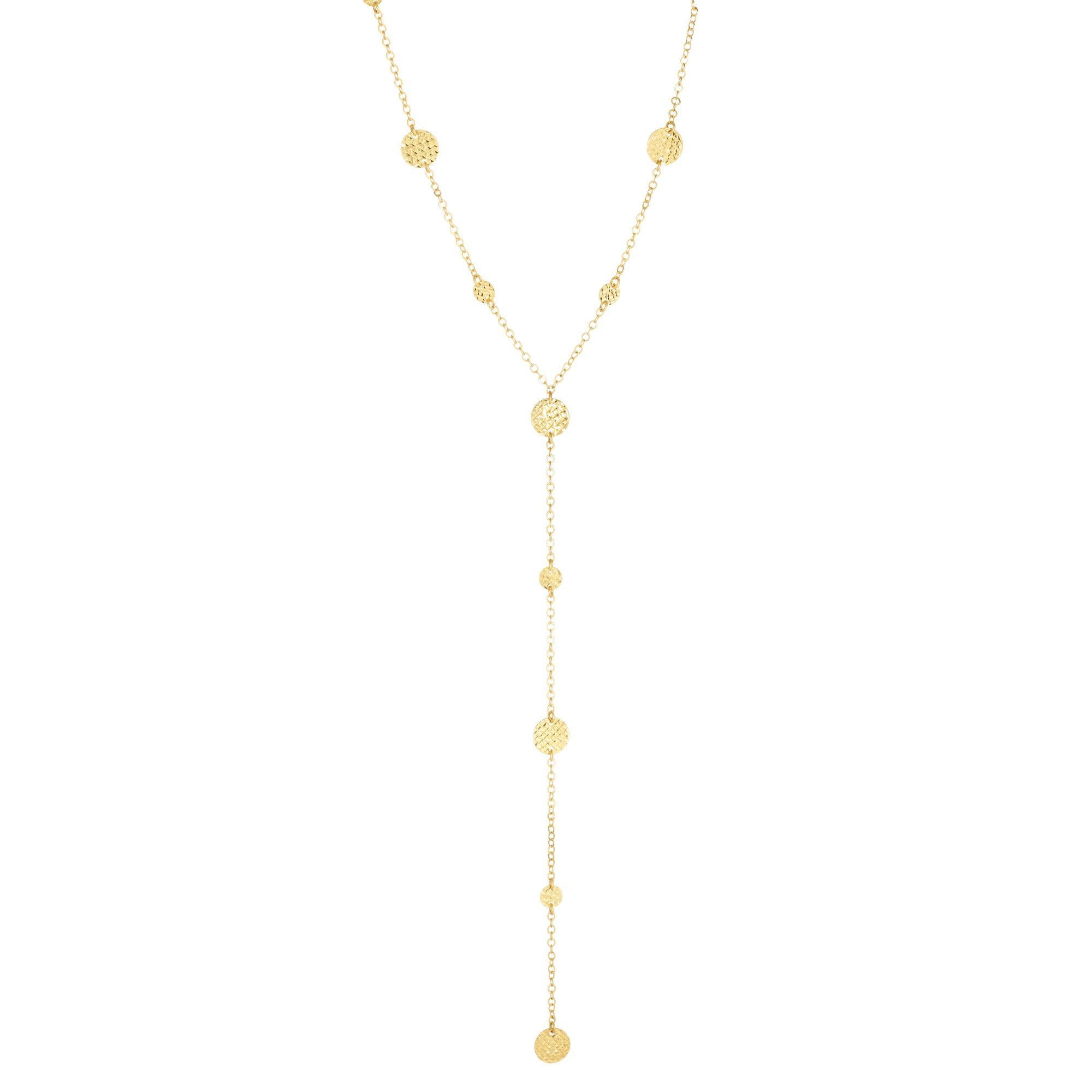14kt 17" Yellow Gold Diamond Cut Flat Bead Stationed Lariat Necklace