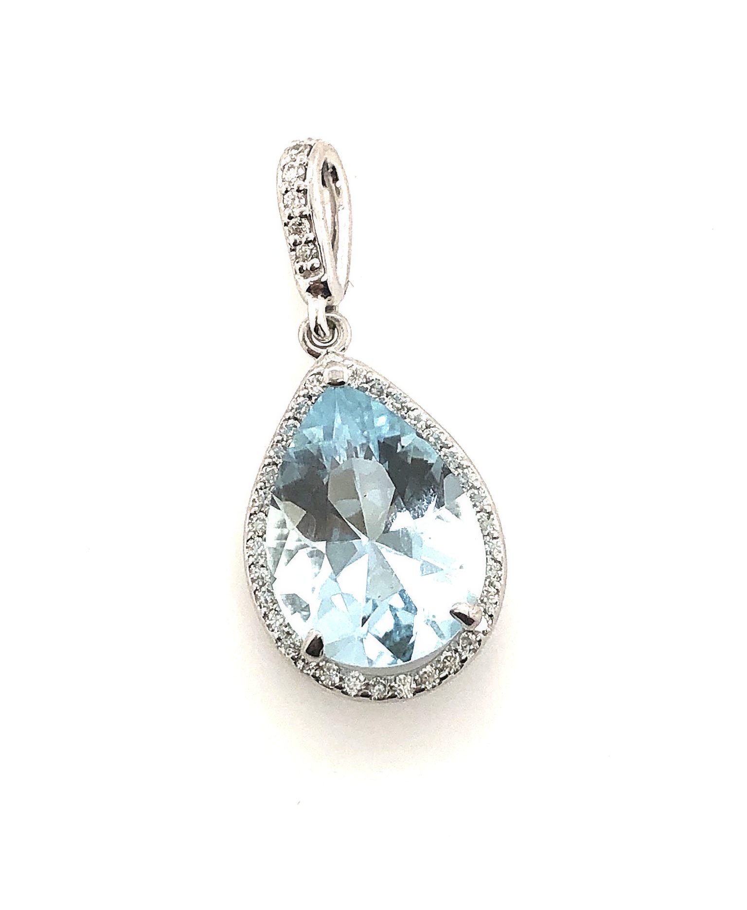 14KW 12x8 mm Aquamarine Pear 1/6 CTW Diamond Semi-Set Pendant
