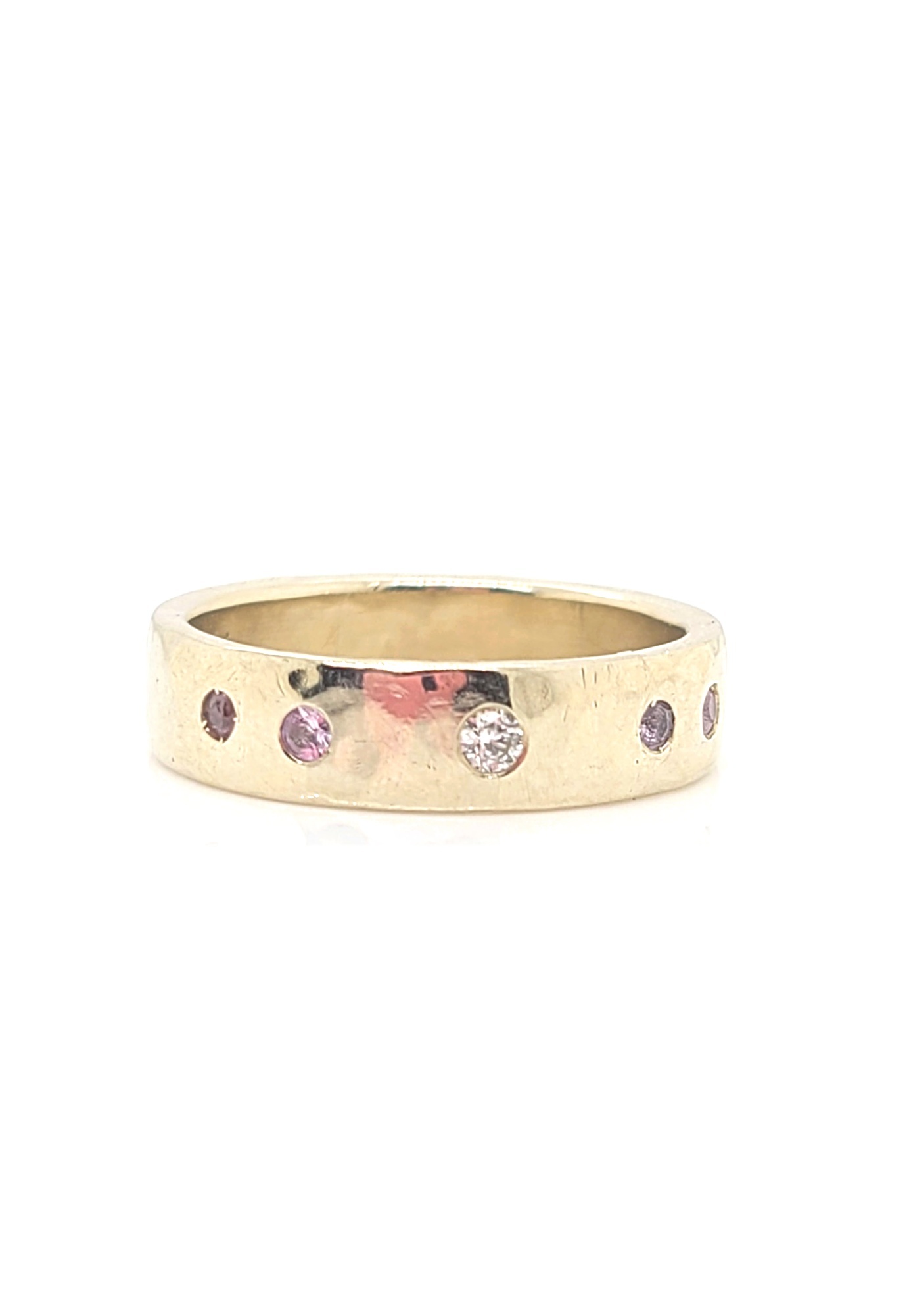 14kt White Gold Band with White Diamonds and Pink Sapphires