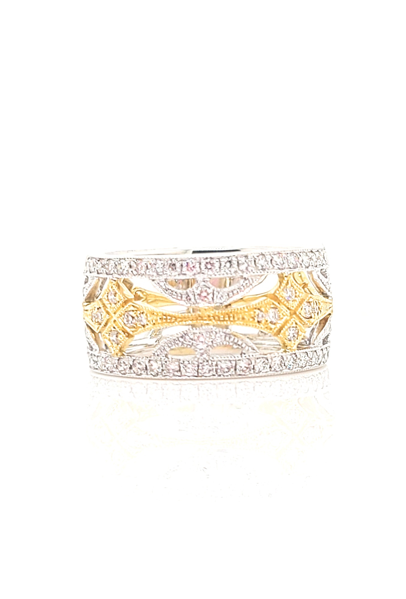 18kt Two Tone Wide Band Filigree Diamond Ring