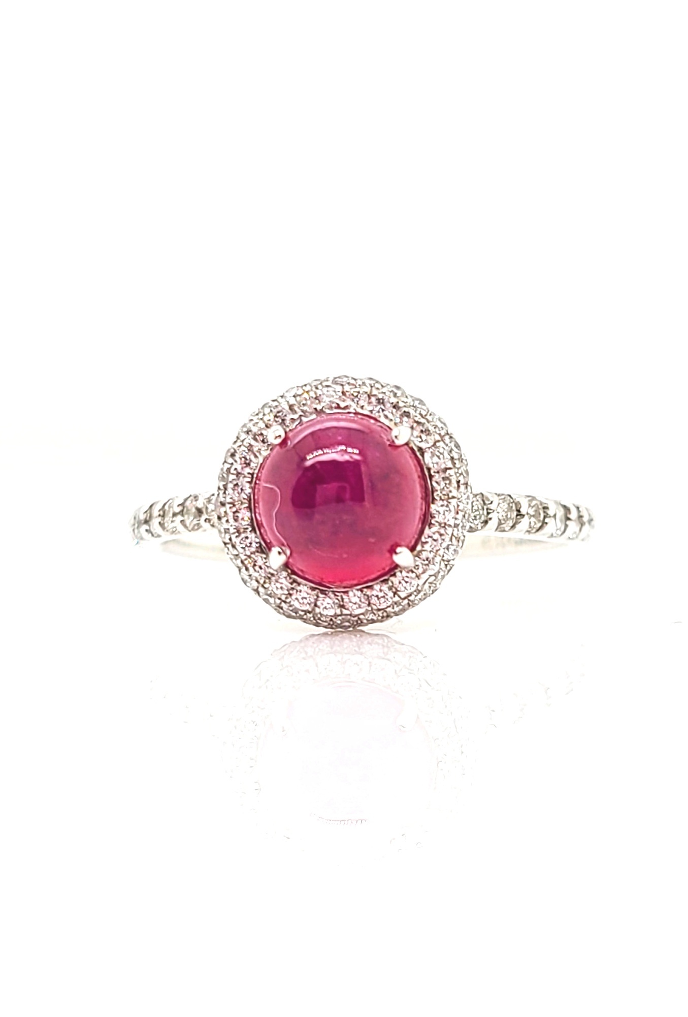 14k White Gold Ruby Cabochon Ring with Pave Diamond Halo