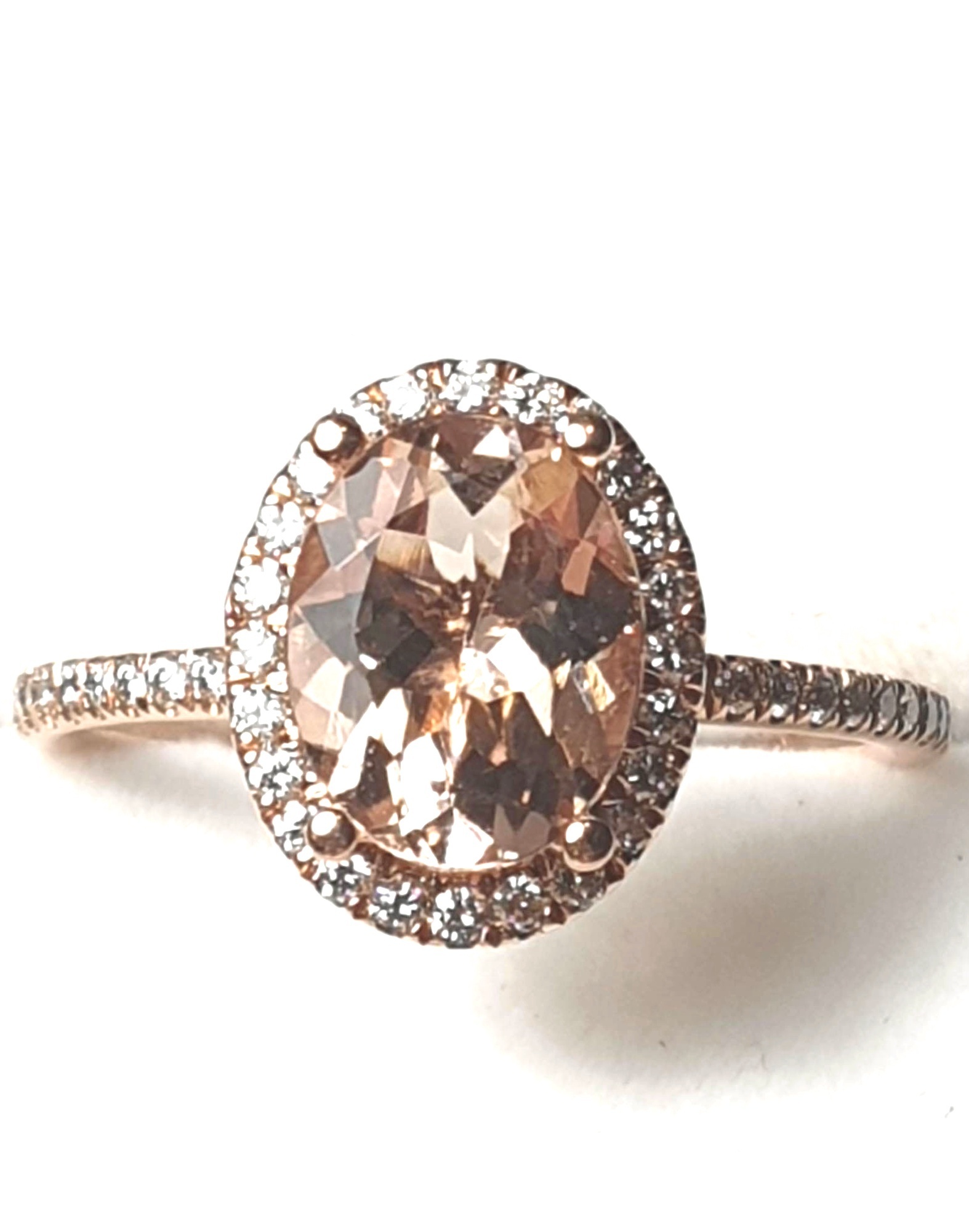 14k RG Oval Morganite Ring w Diamond Halo & Accented Band