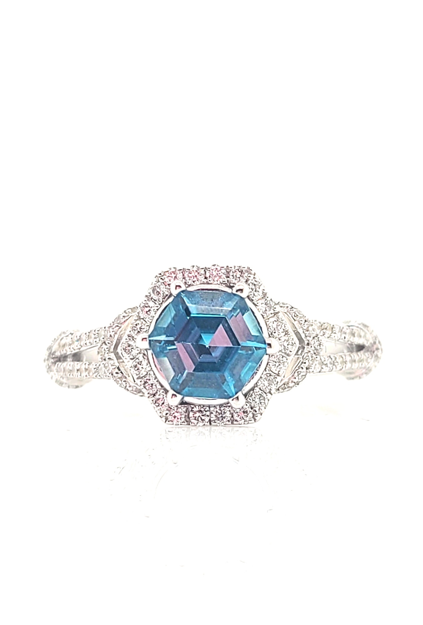 14kt White Gold 1.40ct Blue Zircon Hexagon Diamond Halo