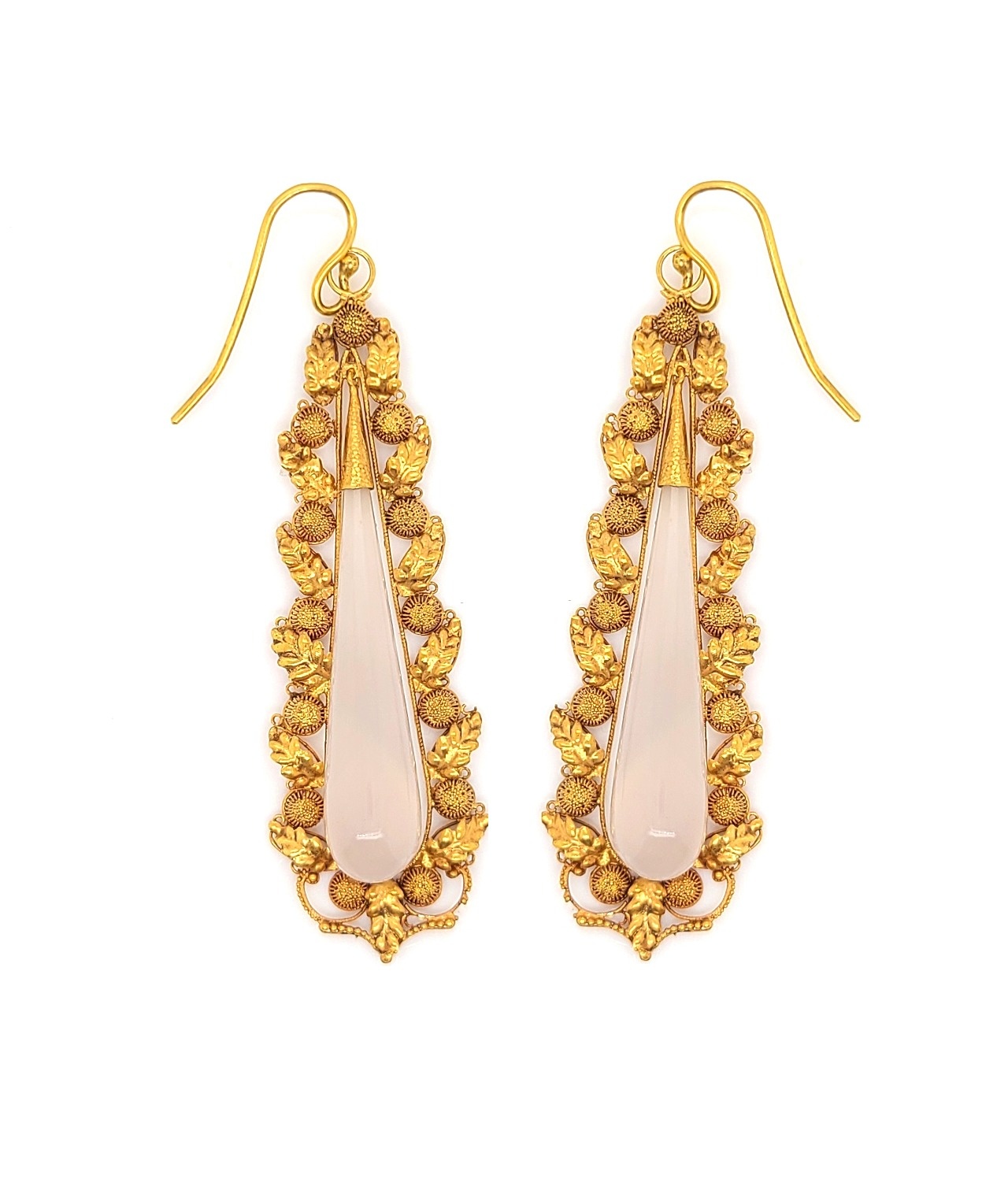 Georgian 15kt Yellow Gold & Chalcedony Elongated-Teardrop Earrings