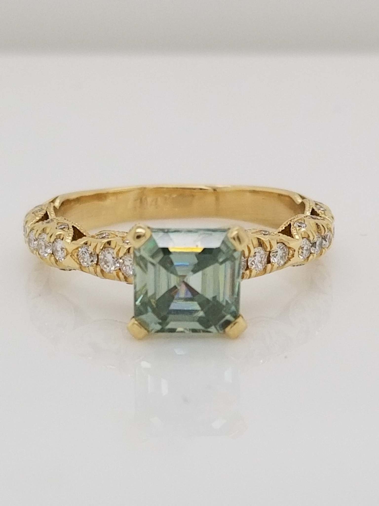 14kt Yellow Gold Asscher Teal Moissanite & Diamond Ring