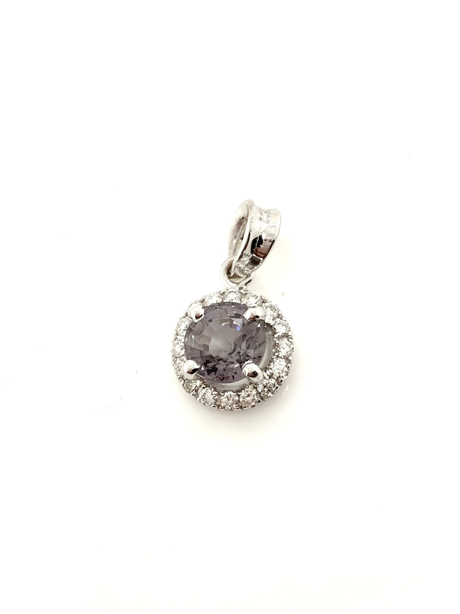 14K White Gold Lilac Burma Spinel with Diamond Halo Pendant