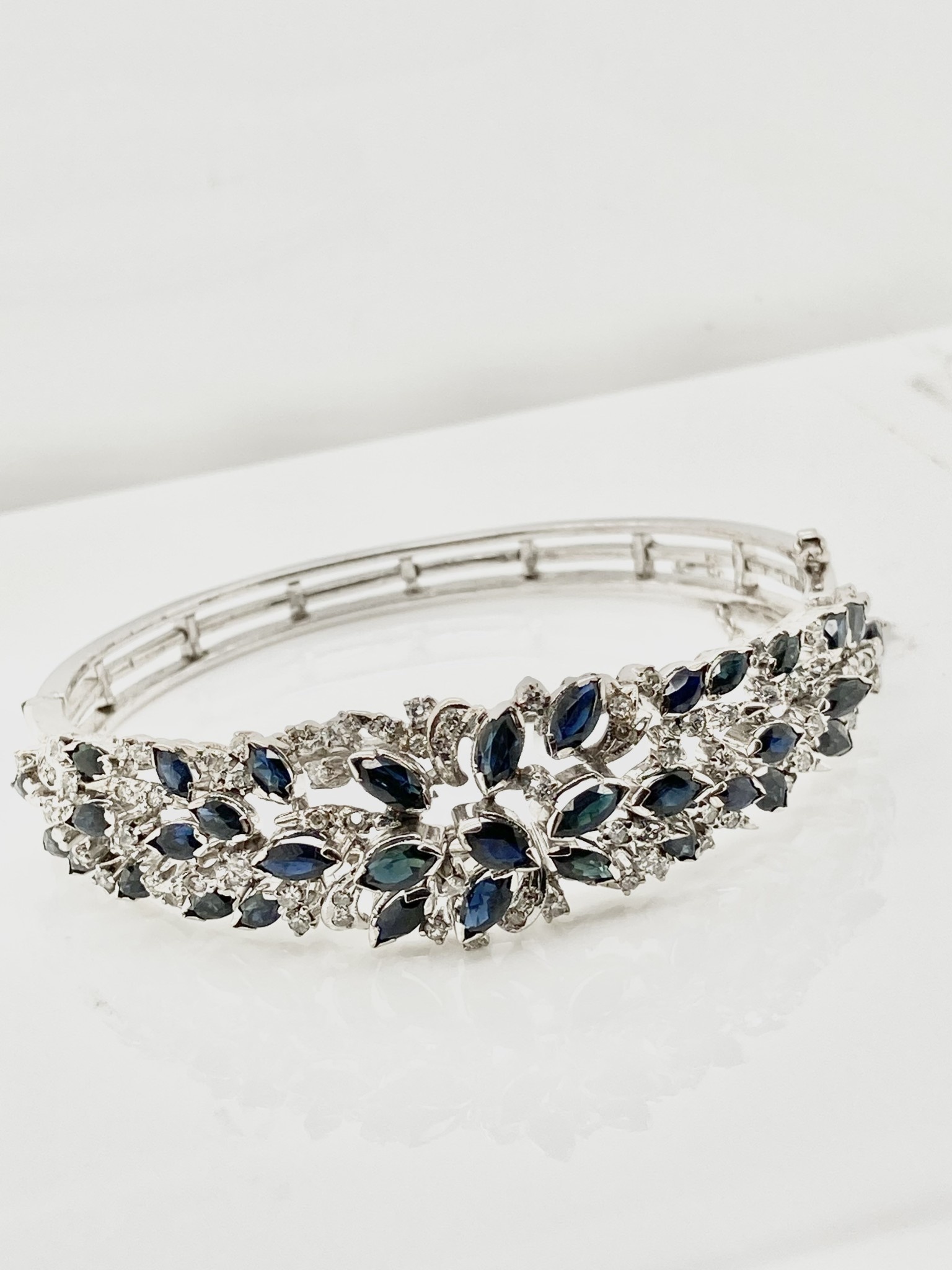 Diamond & Blue Sapphire Hinged Bangle Bracelet