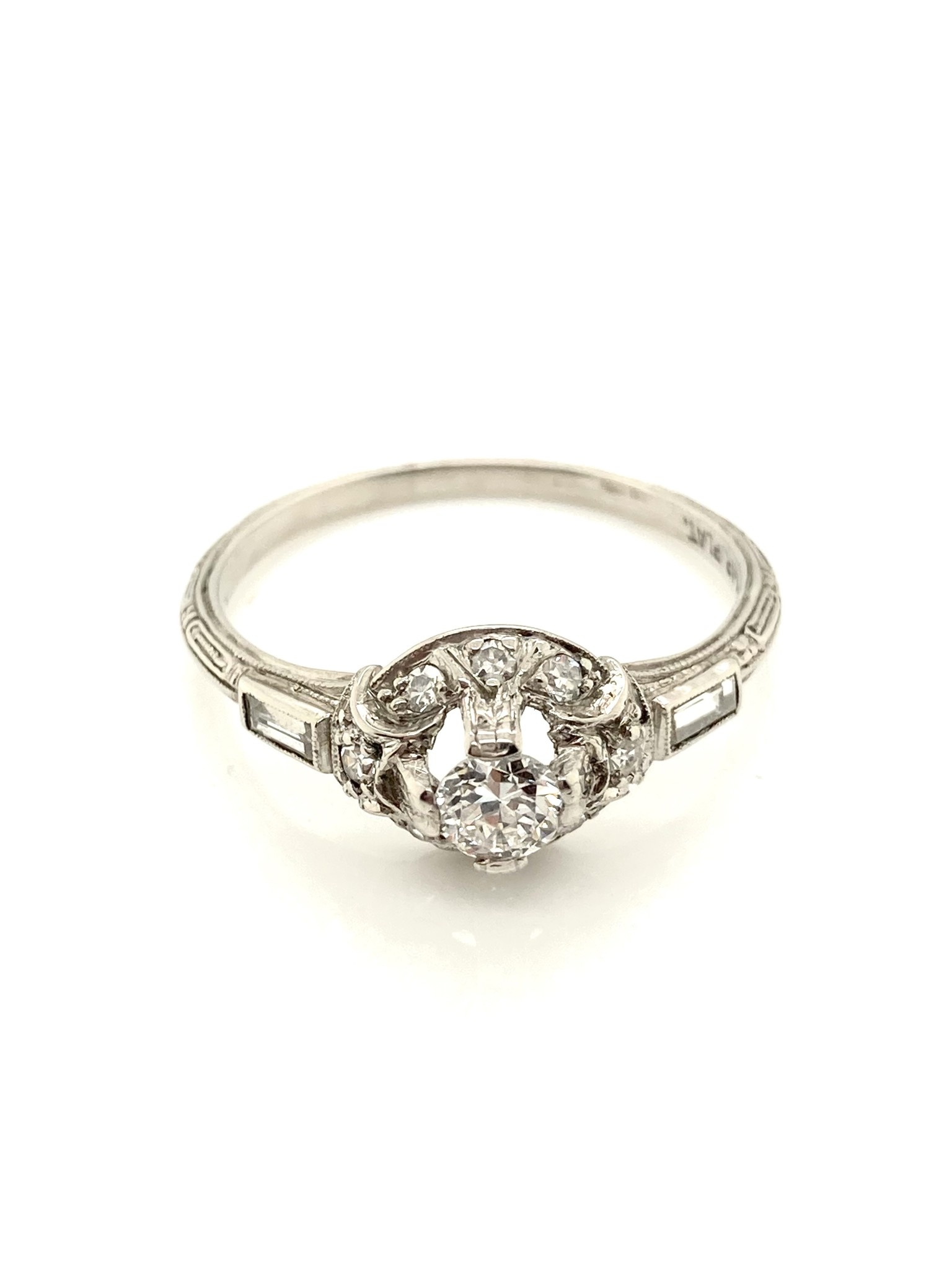 Platinum Diamond Ring with Halo and Engraved Shank