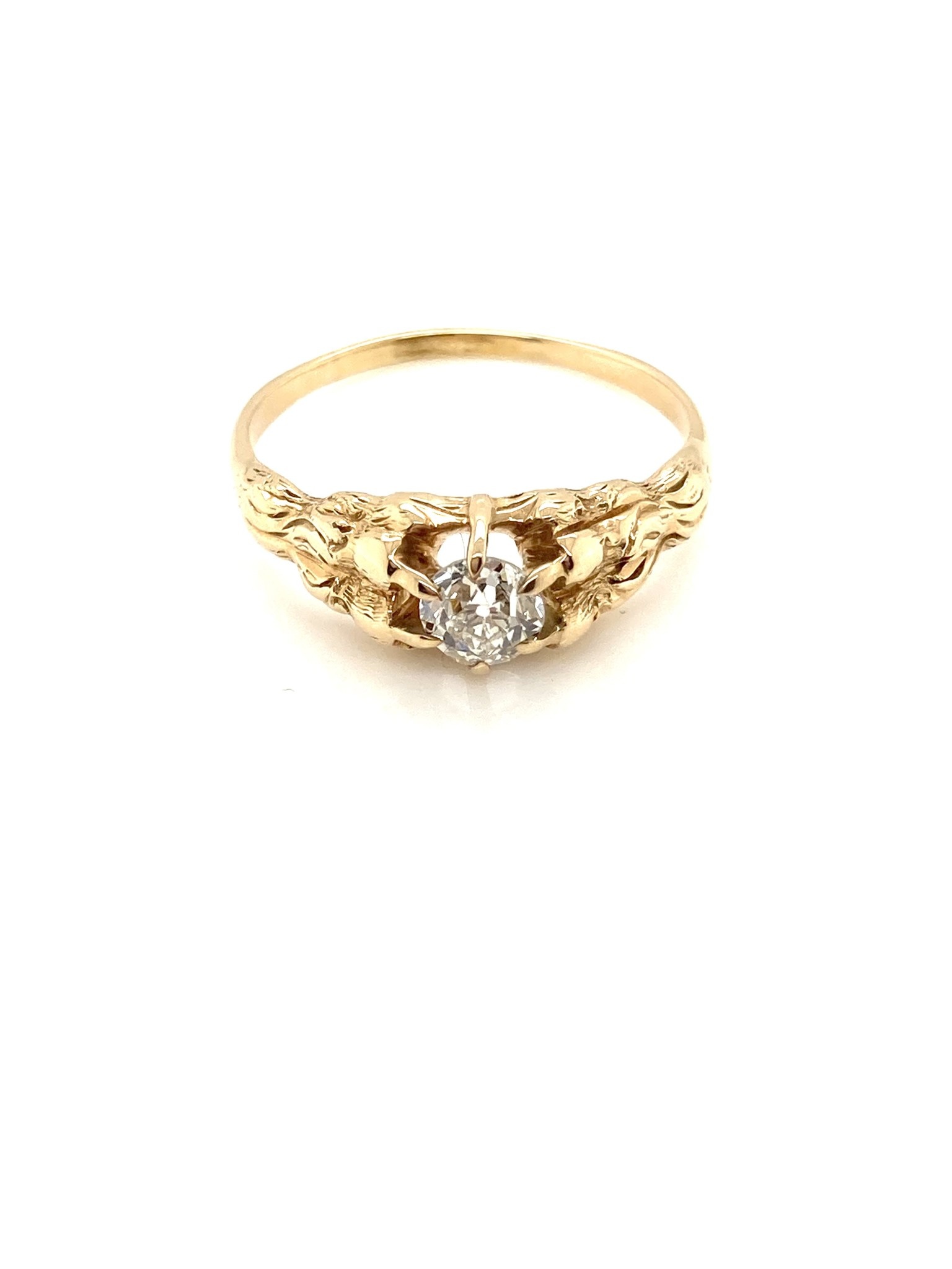 14K Yellow Gold Old Euro Diamond, Tree Bark Style Ring