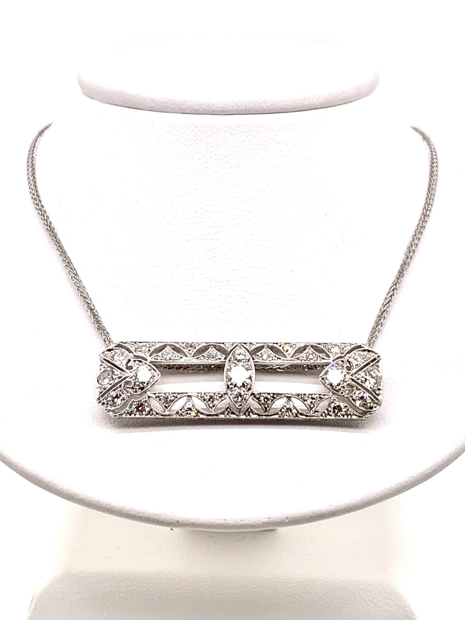 Platinum Art Deco pendant approx. 1.50ctw F/G/VVS on a 20in 1mm 14k white gold chain
