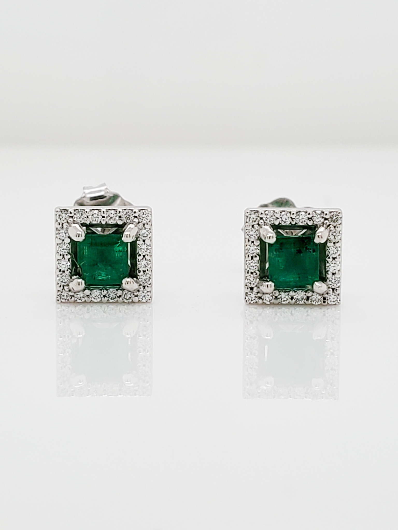 14KT White Gold Square Emerald Diamond Halo Earrings 1/10 CTTW