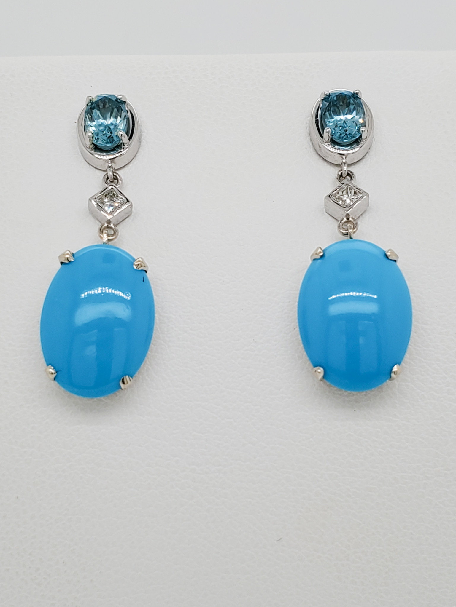 14KT White Gold Light Blue Sapphire, Diamond, & Sleeping Beauty Turquoise Drop Earrings