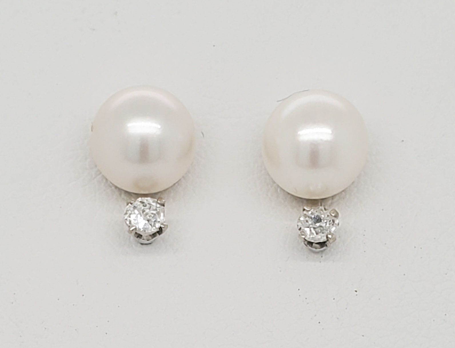 14K White Gold Estate Pearl Stud Earrings with Diamond Accents