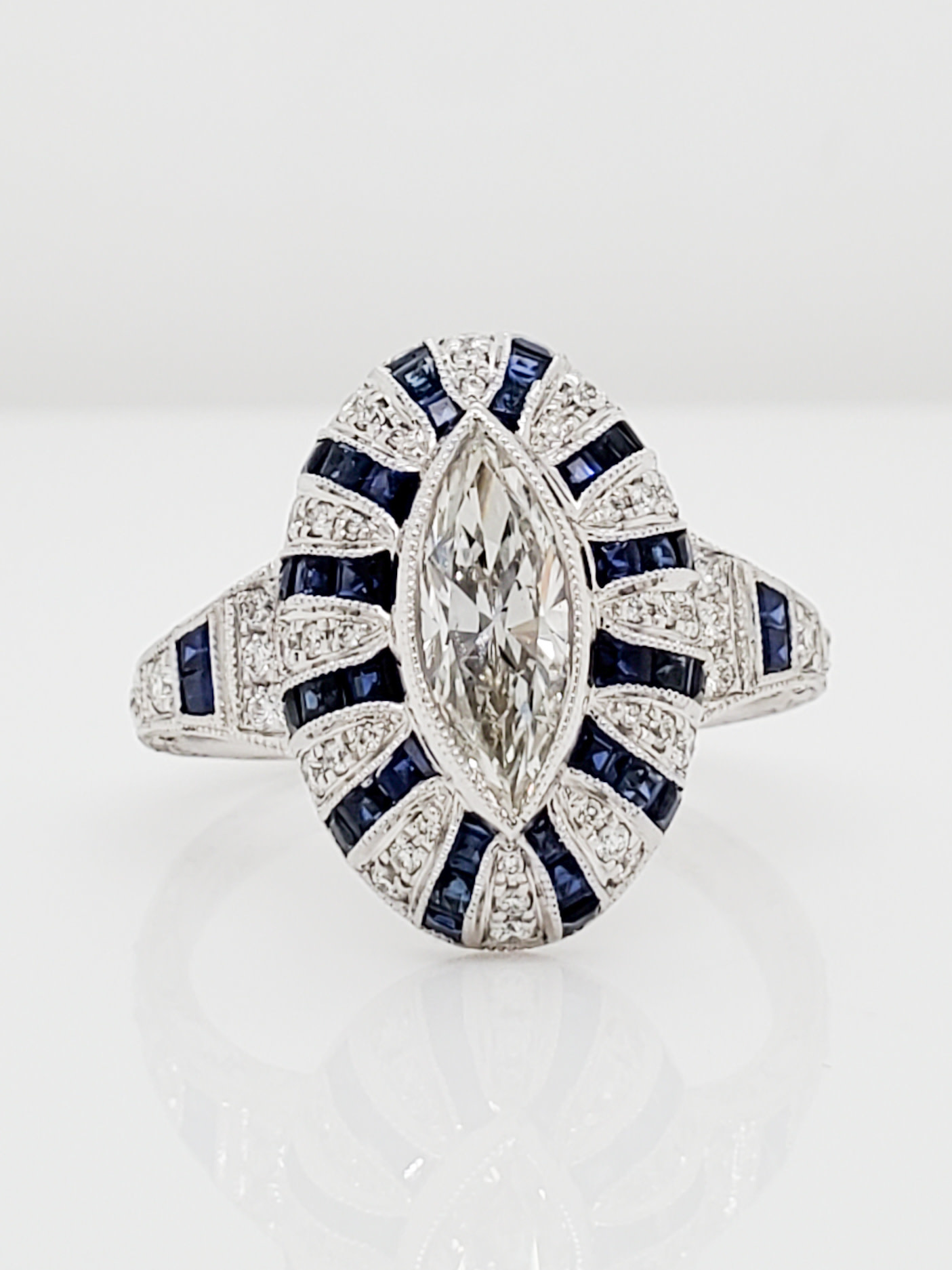 14KT White Gold Vintage 0.97 CT Marquis Diamond & Sapphire Ring