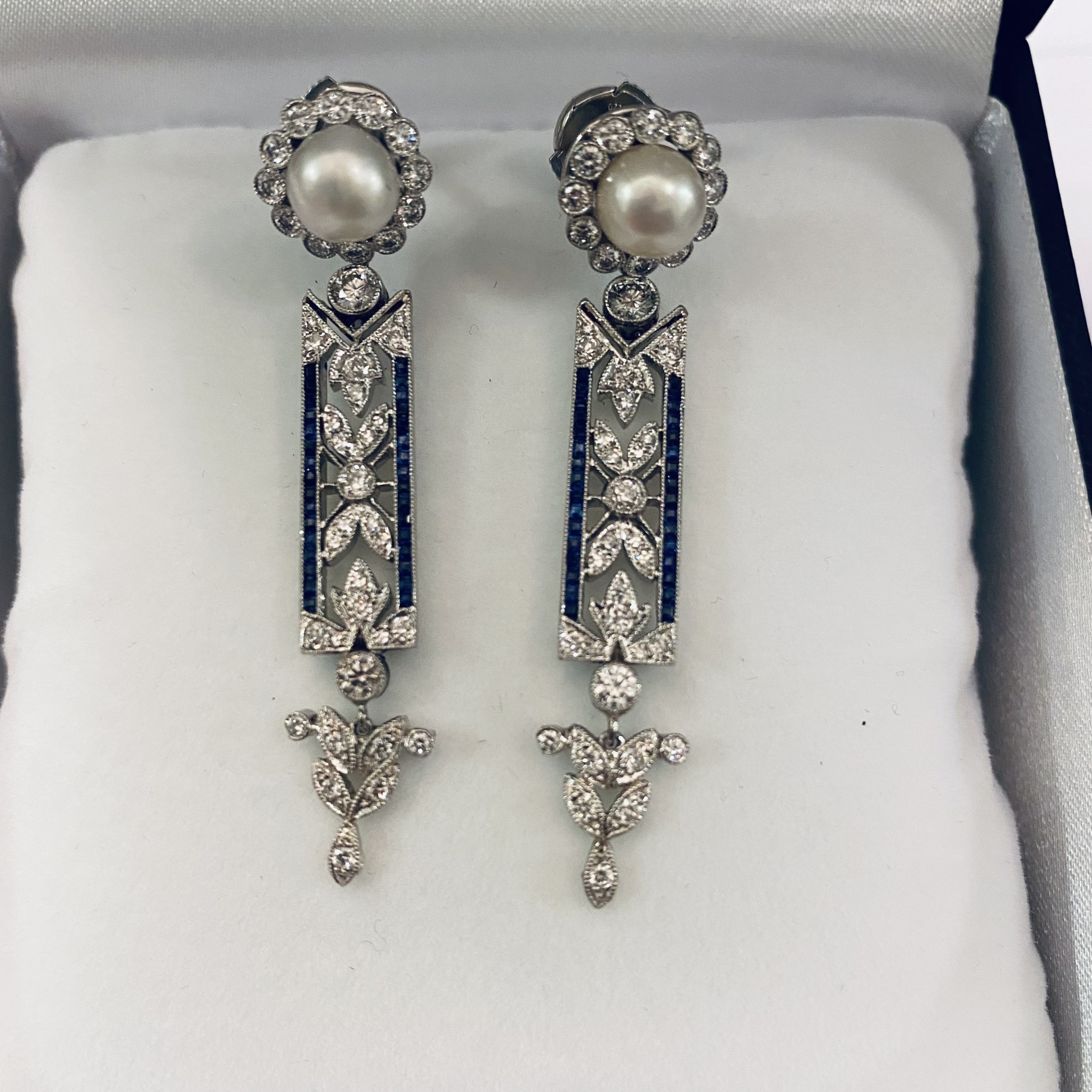 Platinum Art Deco Diamond, Sapphire and Pearl earrings
