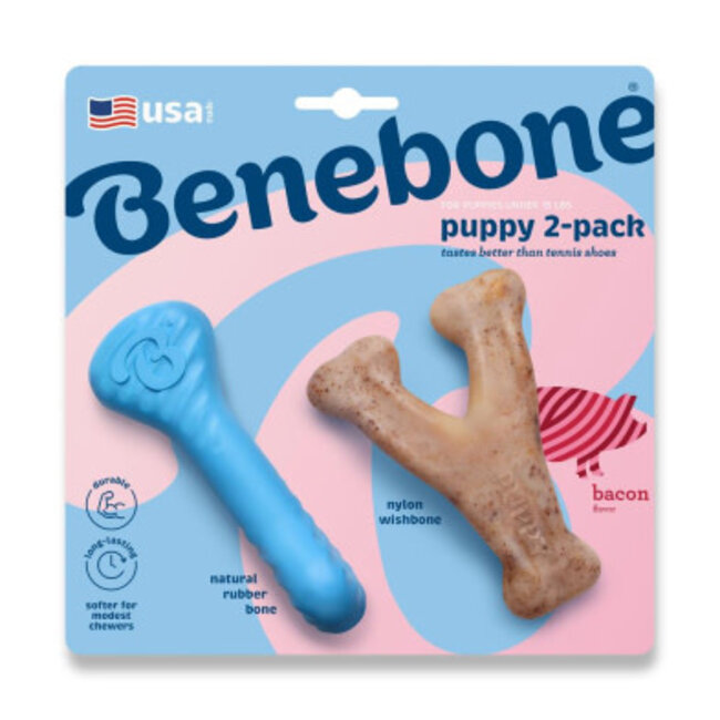 Benebone Puppy 2 Pack Rubber Bone Wishbone Bacon