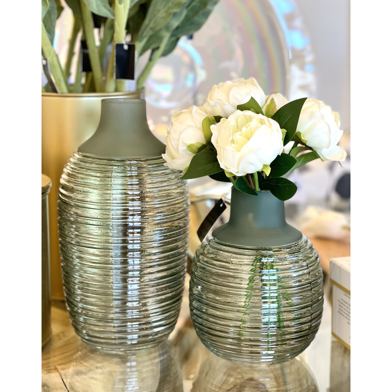 S/2 Frosted Sage Green Ribbed Vases Perch