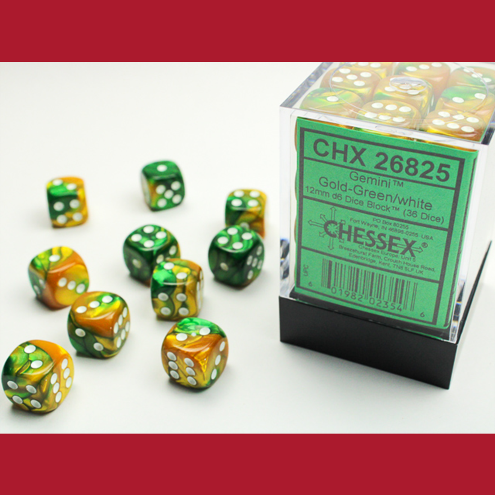 Chessex CHX 26825 Gemini Gold - Green/White 12mm (36d6)