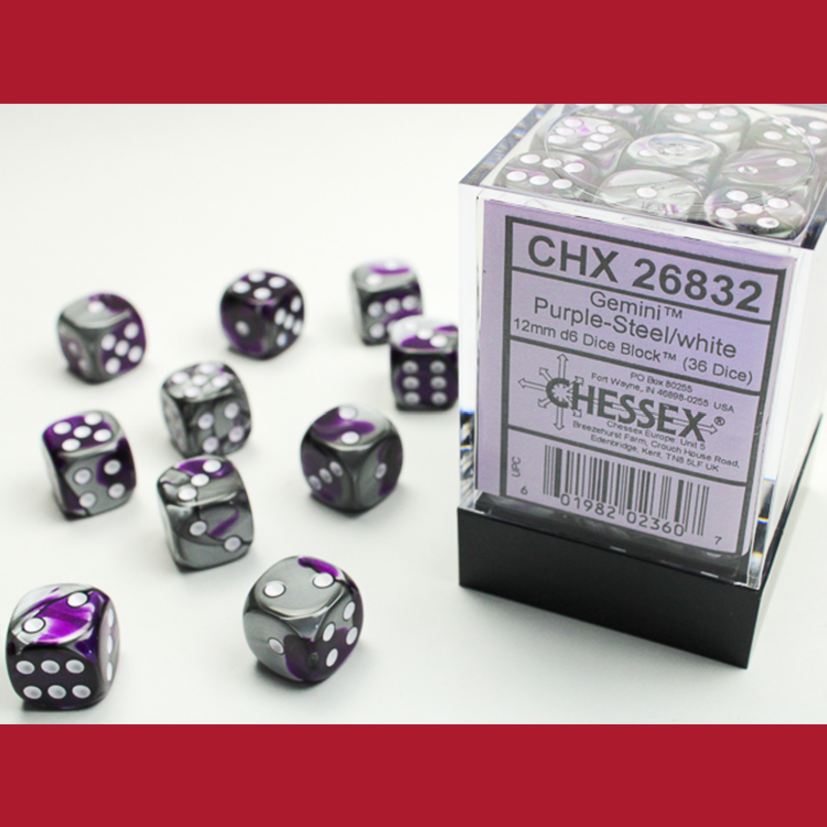 Chessex CHX 26832 Gemini Purple-Steel / White 12mm (36d6)
