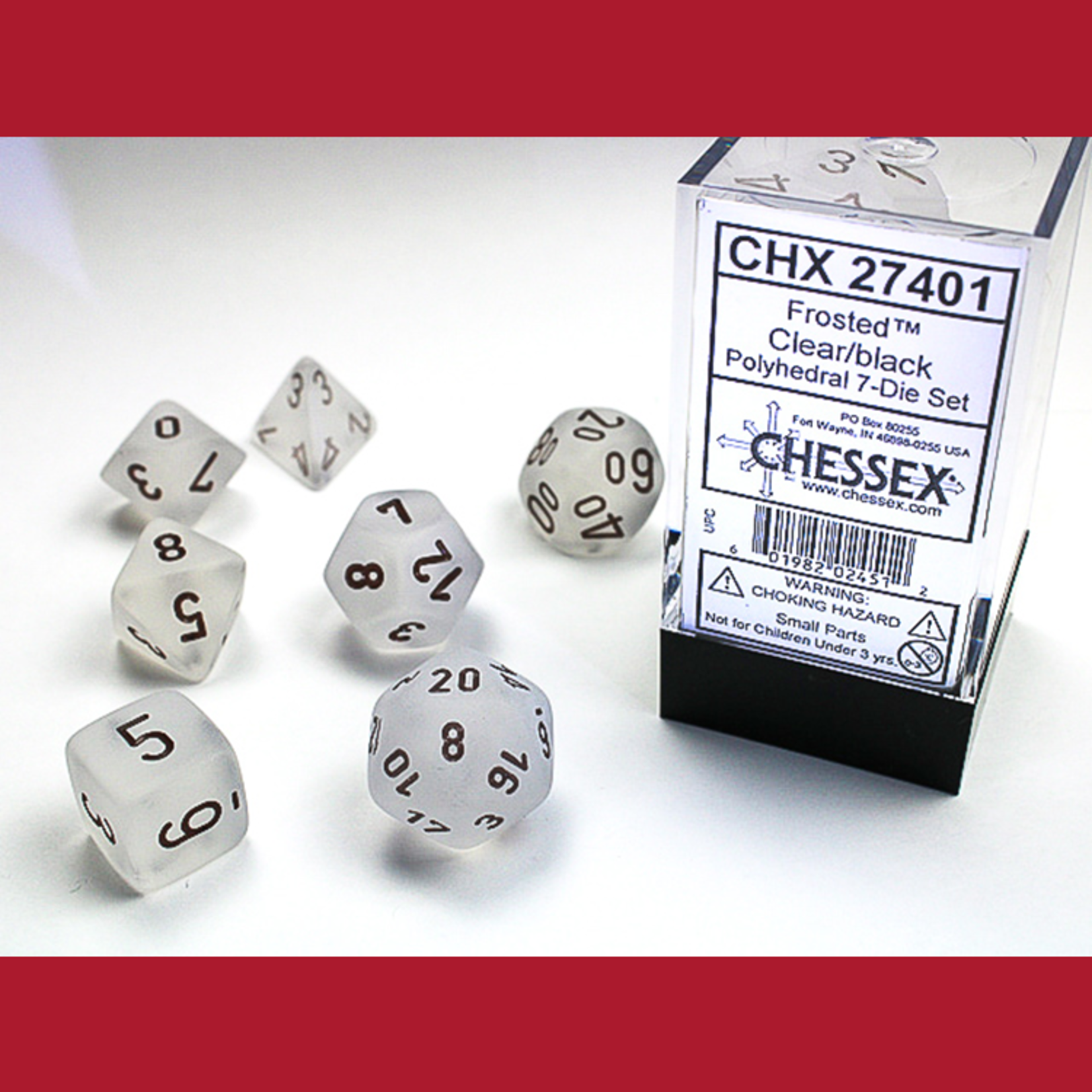 Chessex CHX 27401 Frosted Clear / Black Polyhedral 7-die Set