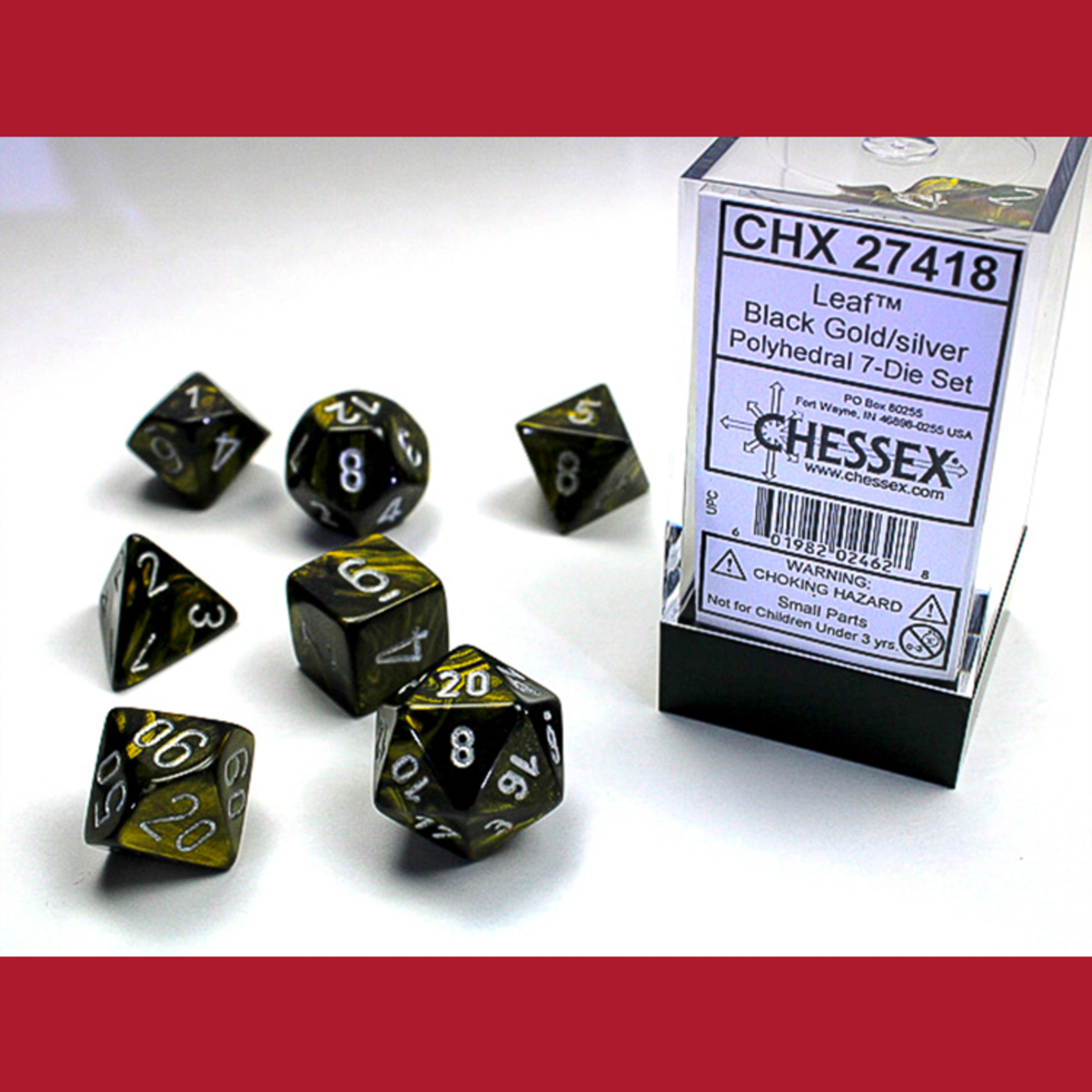 Chessex CHX 27418 Leaf Black / Gold / Silver Polyhedral 7-die Set