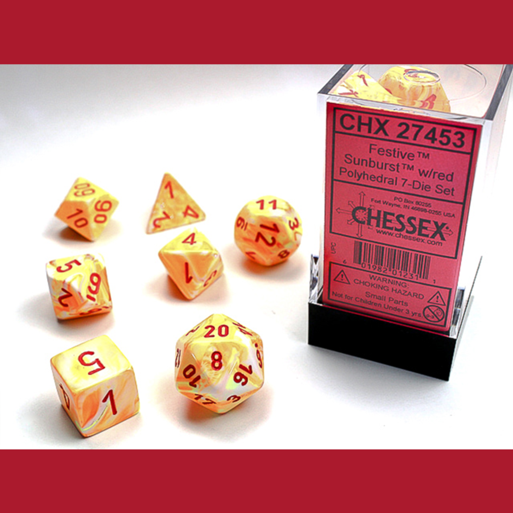 Chessex CHX 27453 Sunburst / Red Polyhedral 7-die Set