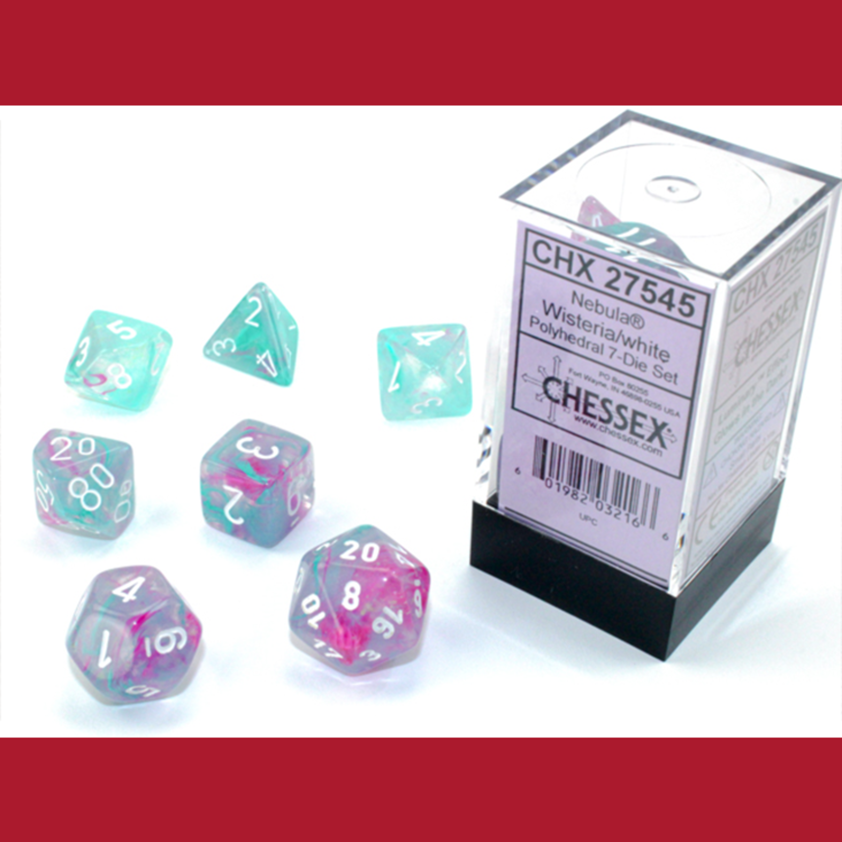 Chessex CHX 27545 Nebula Luminary Wisteria / White Polyhedral 7-die Set