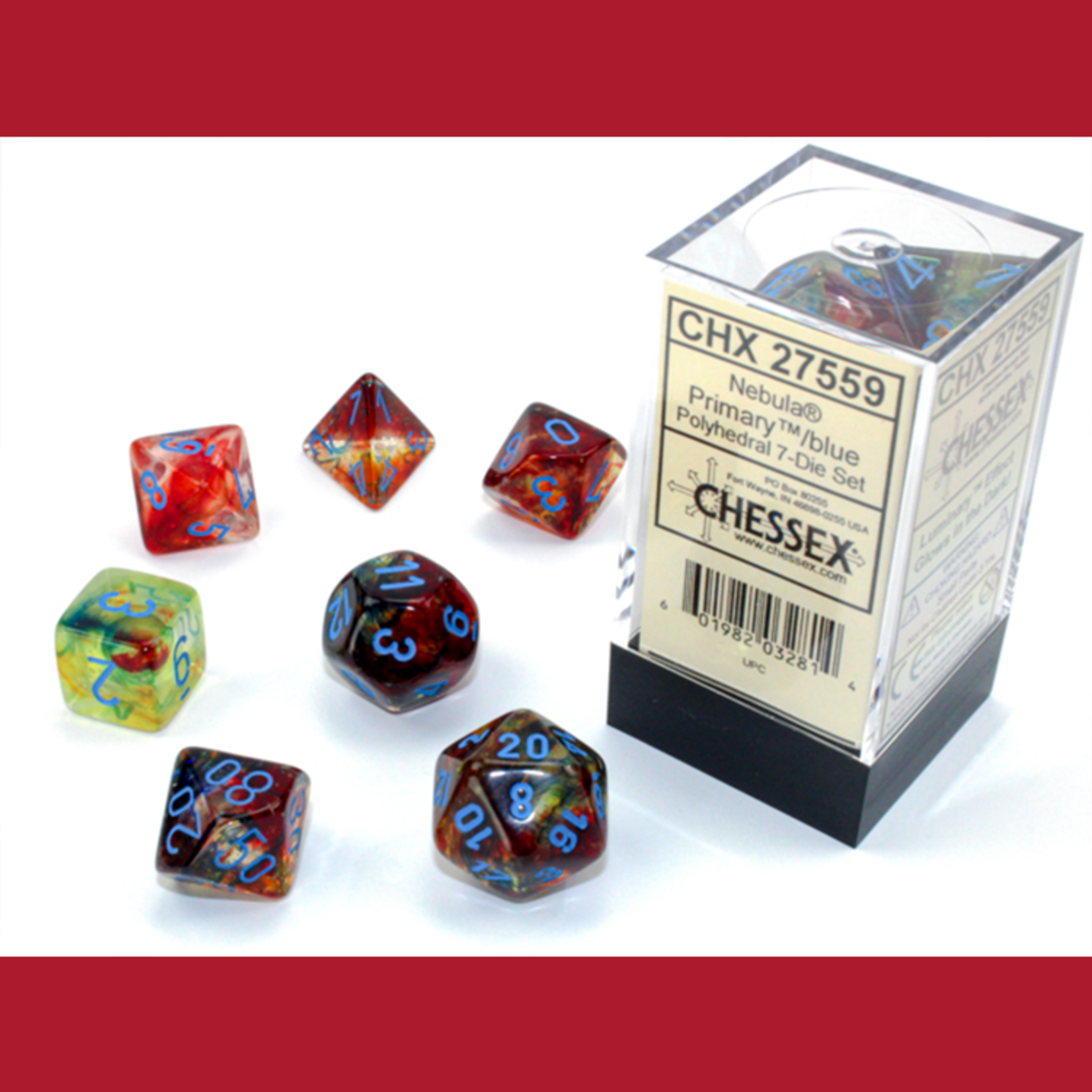Chessex CHX 27559  Nebula Luminary Primary/Blue Polyhedral 7-die Set