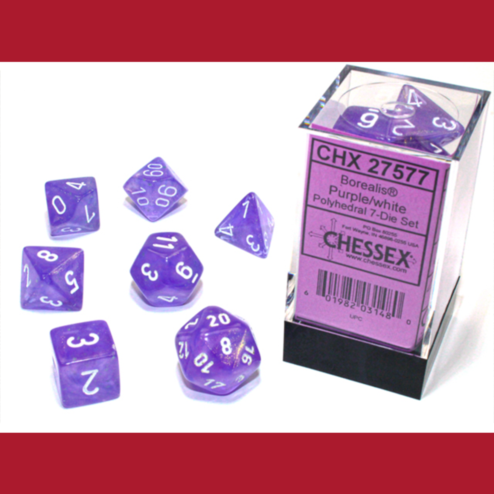 Chessex CHX 27577 Borealis Luminary Purple / White Polyhedral 7-die Set