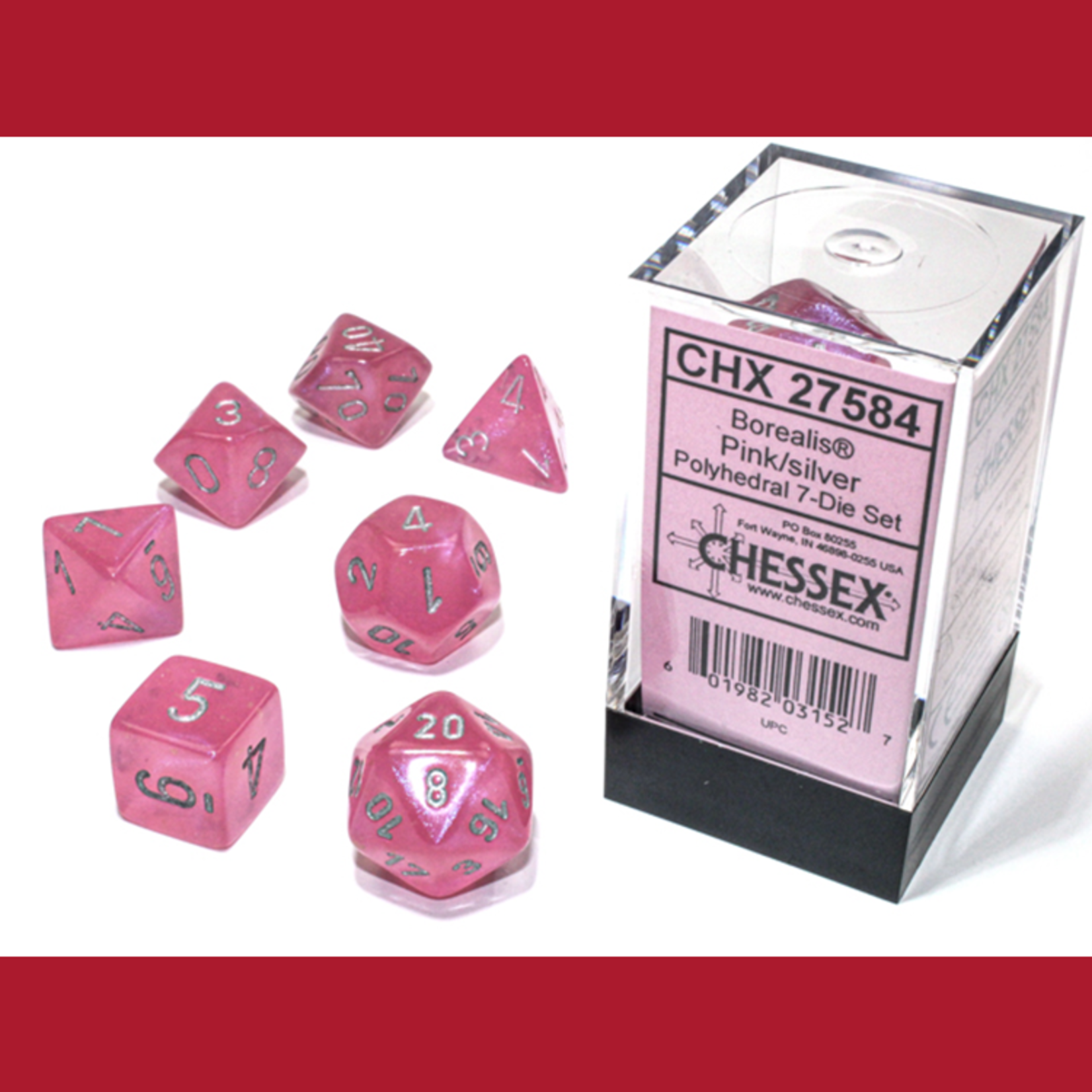 Chessex CHX 27584 Borealis Luminary Pink / Silver Polyhedral 7-die Set