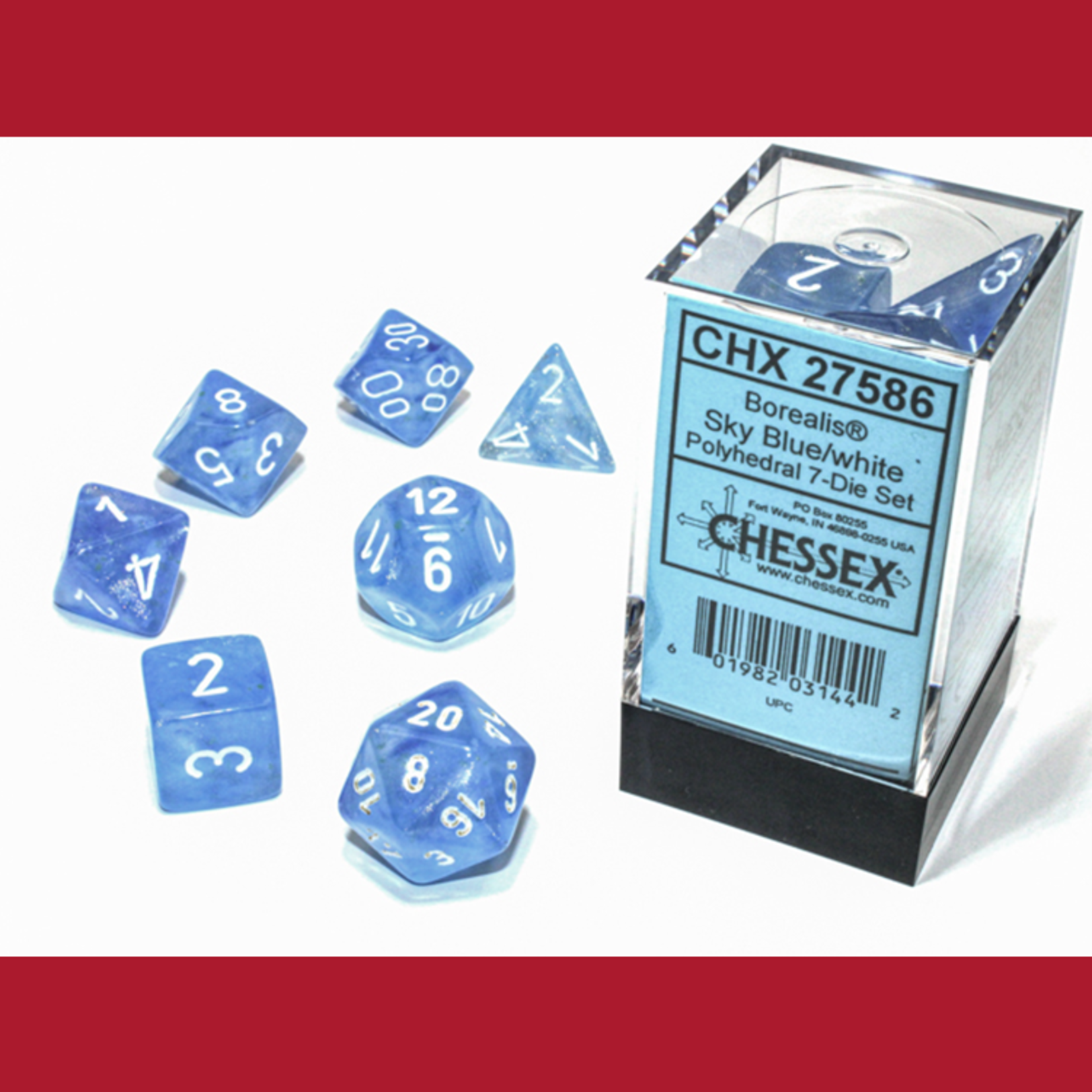 Chessex CHX 27586 Borealis Luminary Sky Blue / White Polyhedral 7-die Set