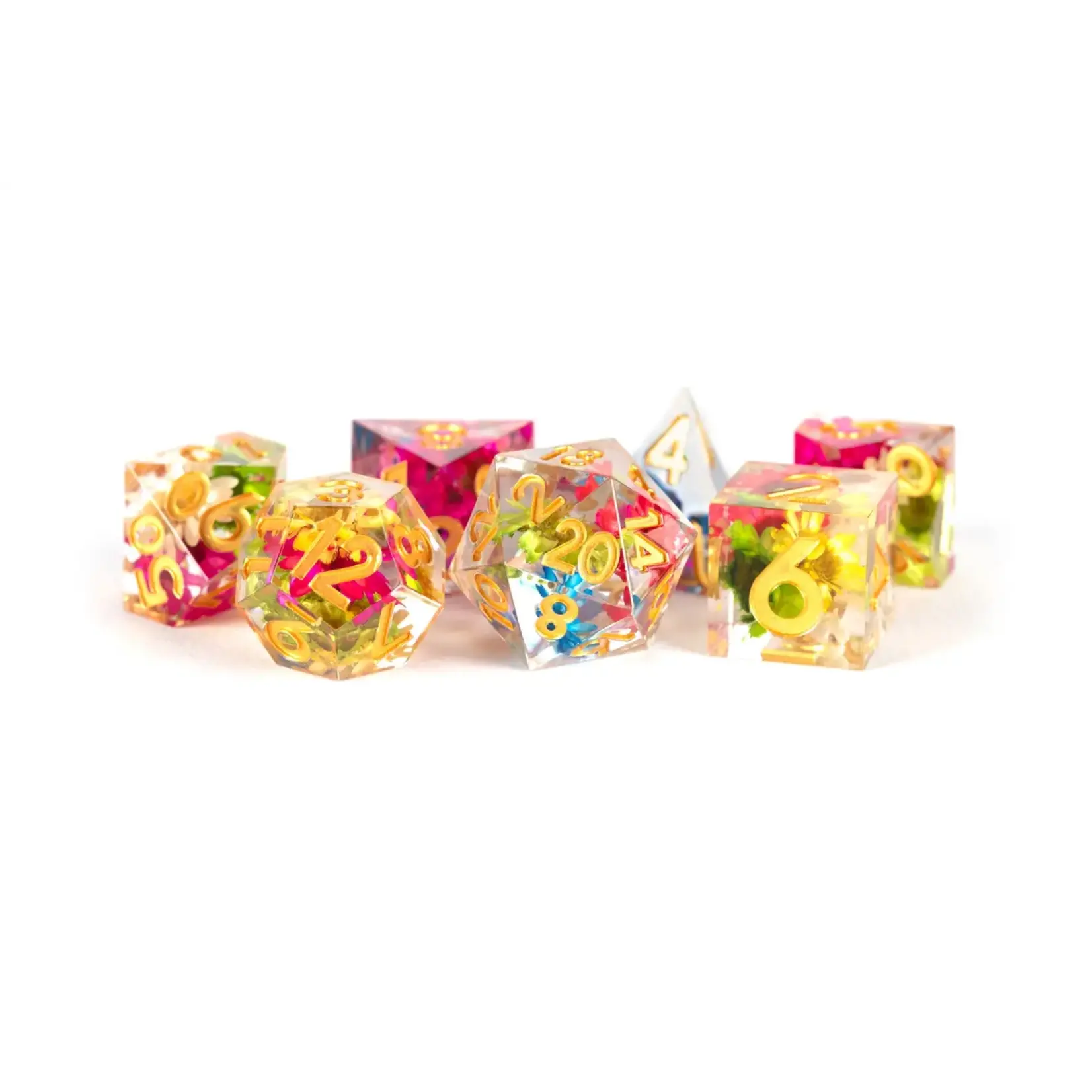 Metallic Dice Games Premium Handcrafted Sharp Edge Inclusion Dice 7-Die: Set Brazilian Golden Flower