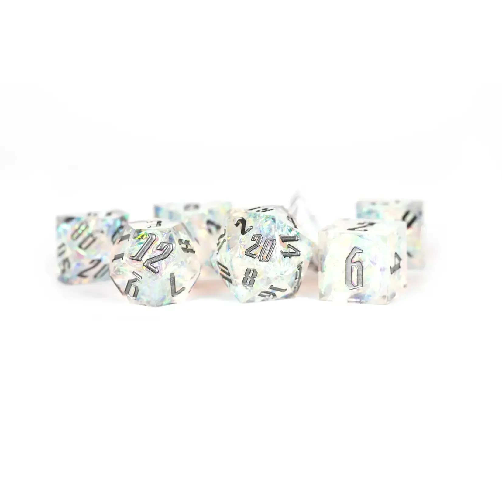 Metallic Dice Games Premium Handcrafted Sharp Edge Inclusion Dice 7-Die Set: Pyre and Ice