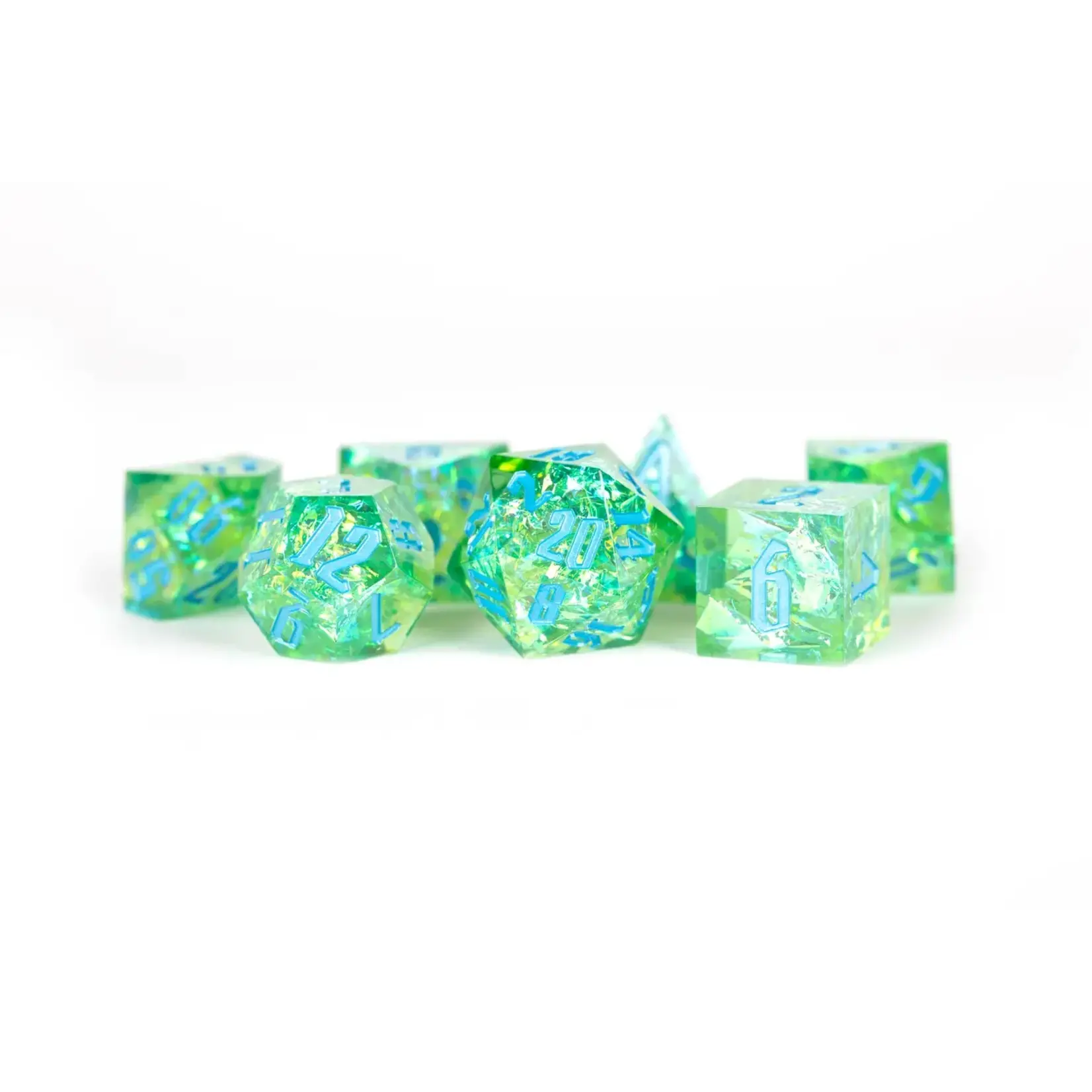 Metallic Dice Games Premium Handcrafted Sharp Edge Inclusion Dice 7-Die Set: Terra Pyre