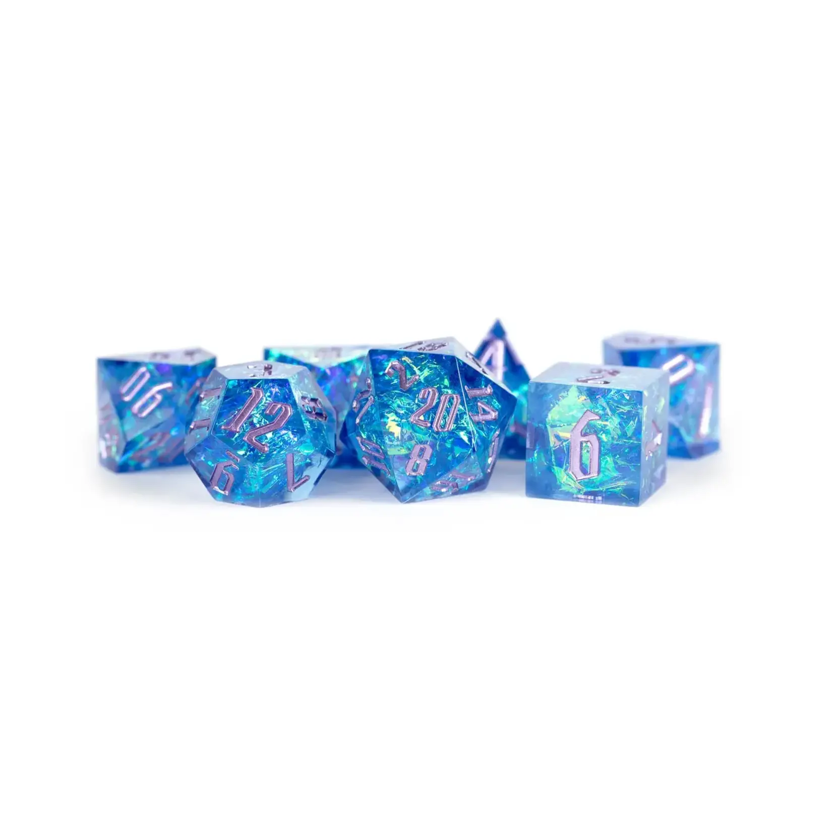 Metallic Dice Games Premium Handcrafted Sharp Edge Inclusion Dice 7-Die Set: Fusion Pyre