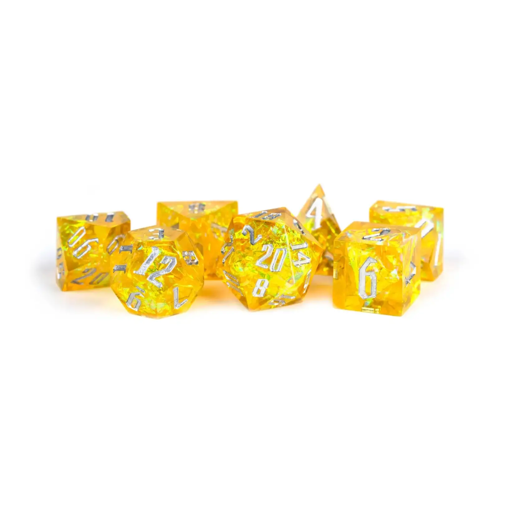 Metallic Dice Games Premium Handcrafted Sharp Edge Inclusion Dice 7-Die Set: Yellow Pyre