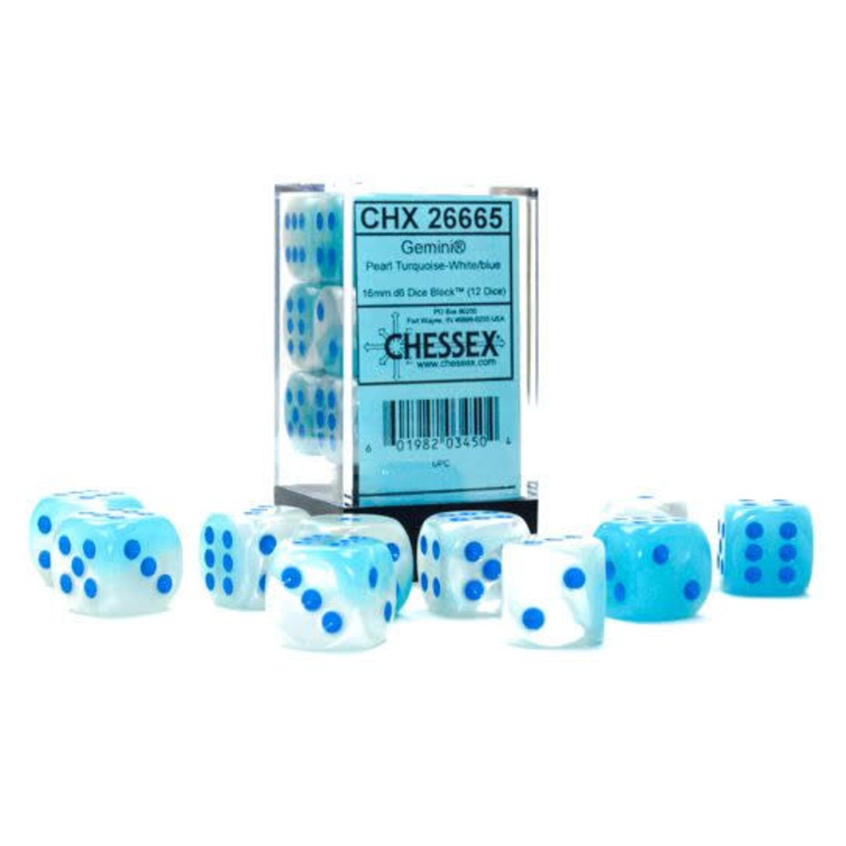 Chessex CHX 26665  Gemini Luminary Pearl Turquoise-White / Blue 16mm (12d6)