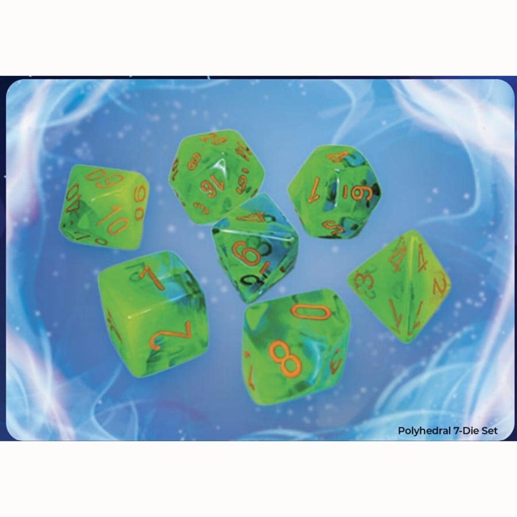 Chessex CHX 26470 GEMINI POLYHEDRAL PLASMA GREEN-TEAL WITH ORANGE LUMINARY 7-DIE SET