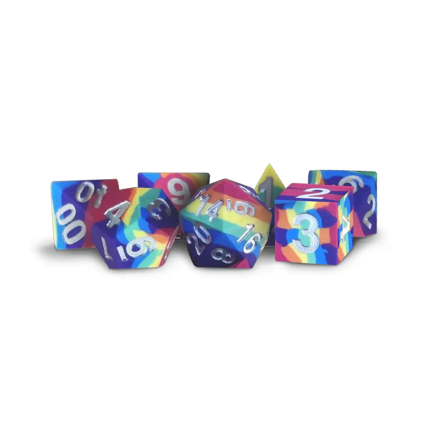 Metallic Dice Games 7-Die Set 16mm Sharp Edge Silicone Rubber: Rainbow