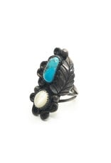 Vintage Silver Leaf and Ball Ring with Turquoise & White Chatoyant  Stones