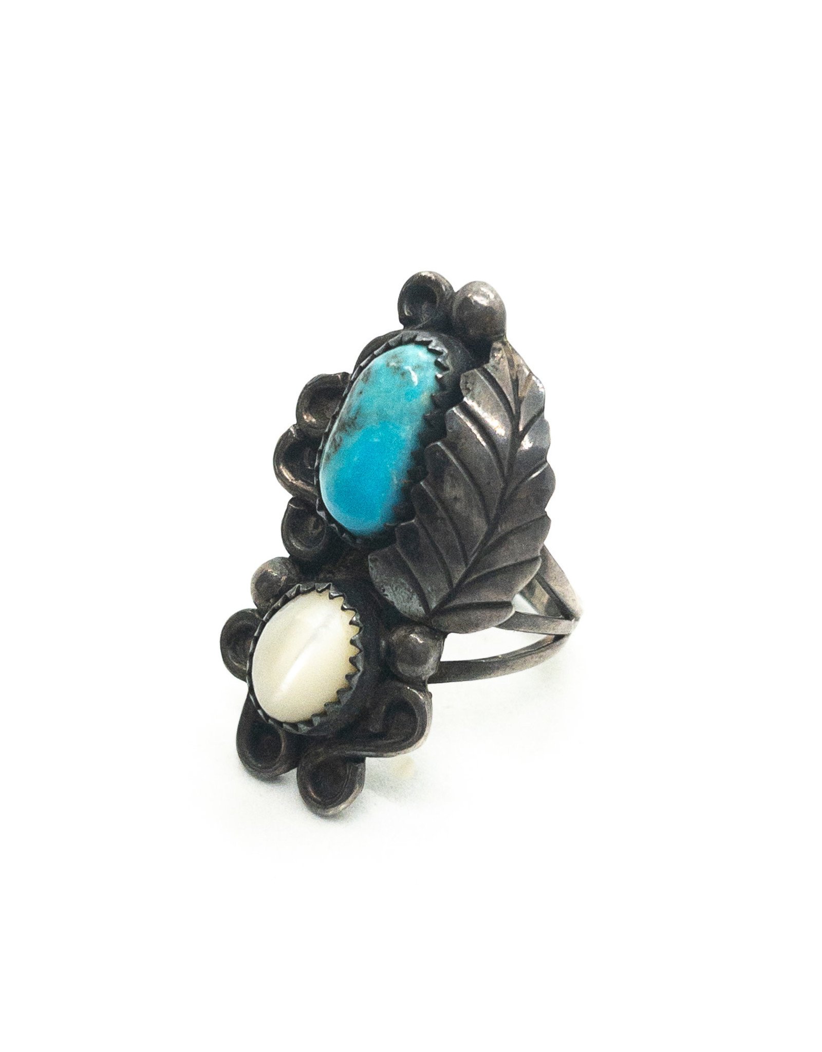Vintage Silver Leaf and Ball Ring with Turquoise & White Chatoyant  Stones