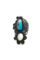 Vintage Silver Leaf and Ball Ring with Turquoise & White Chatoyant  Stones