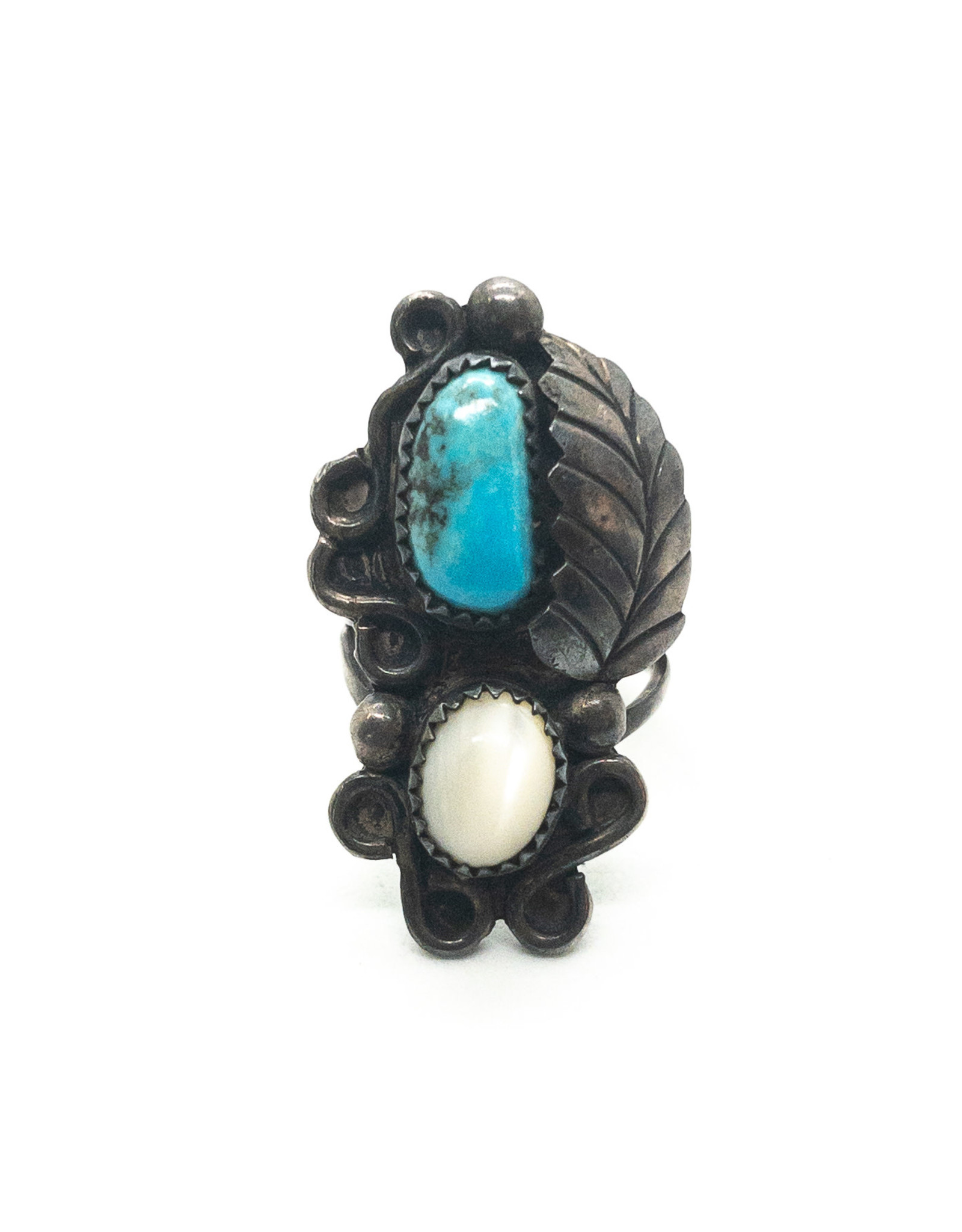 Vintage Silver Leaf and Ball Ring with Turquoise & White Chatoyant  Stones