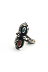 Navajo Turquoise & Coral Leaf & Ball Ring